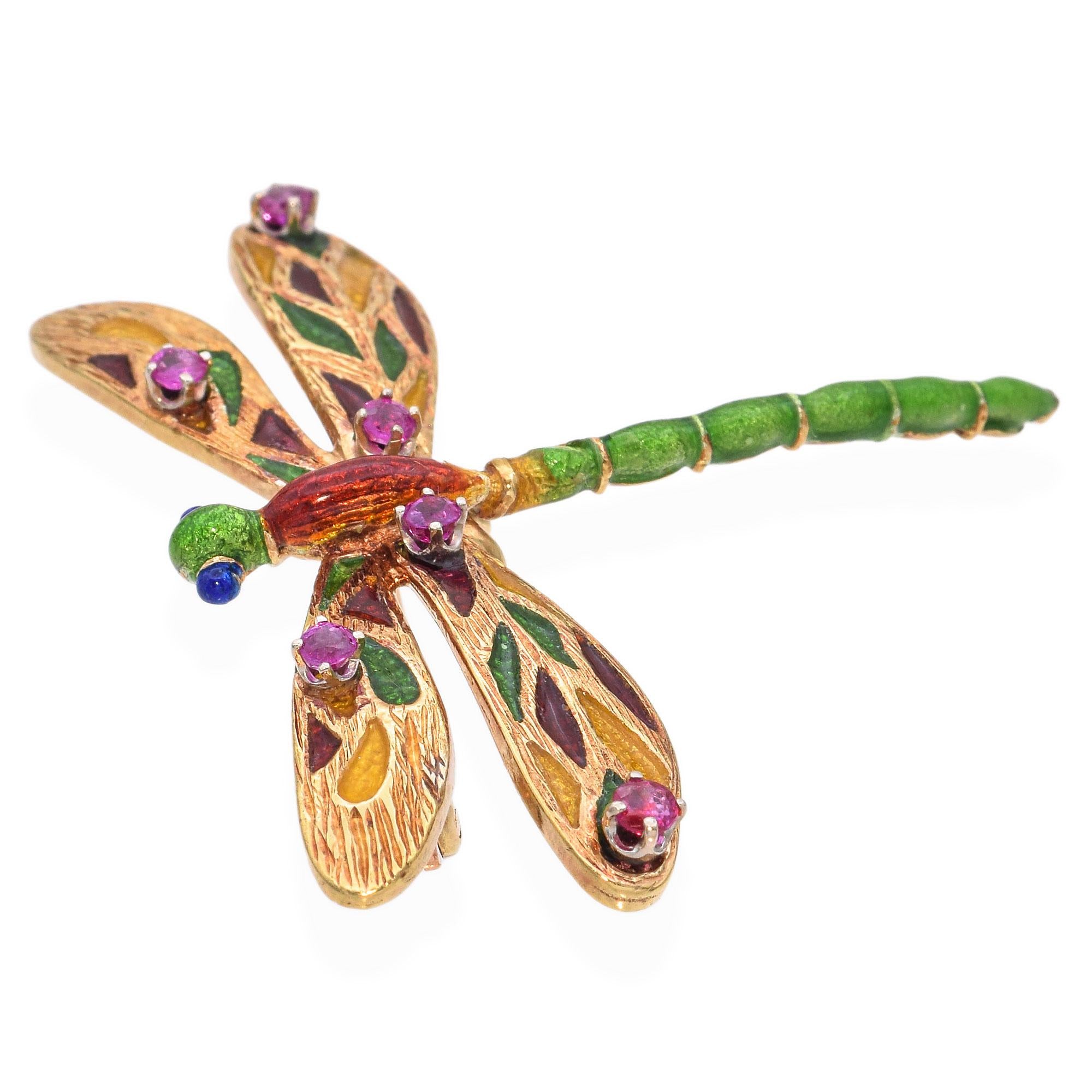 Vintage 14k Yellow Gold Ruby and Enamel Dragonfly Brooch
