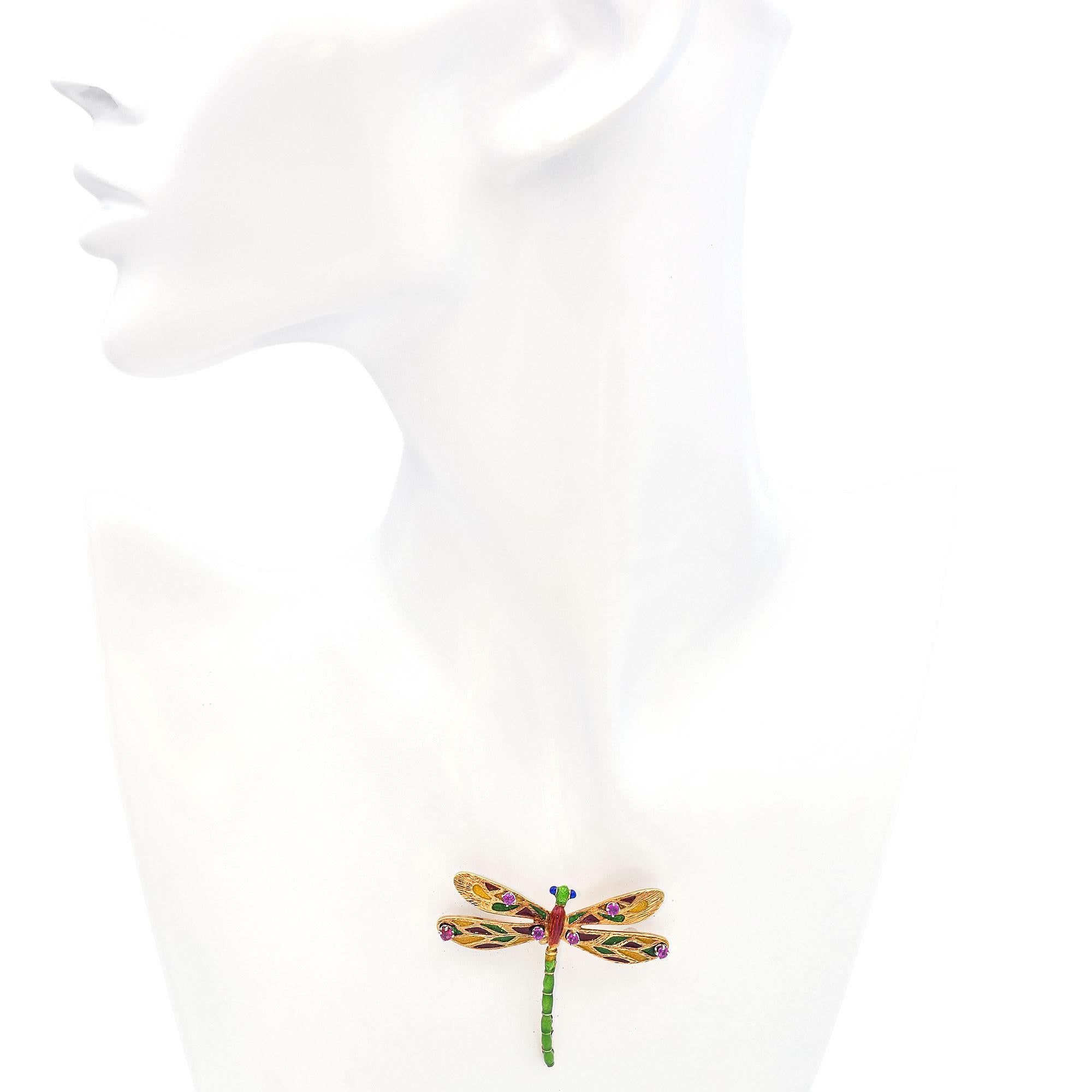 Vintage 14k Yellow Gold Ruby and Enamel Dragonfly Brooch