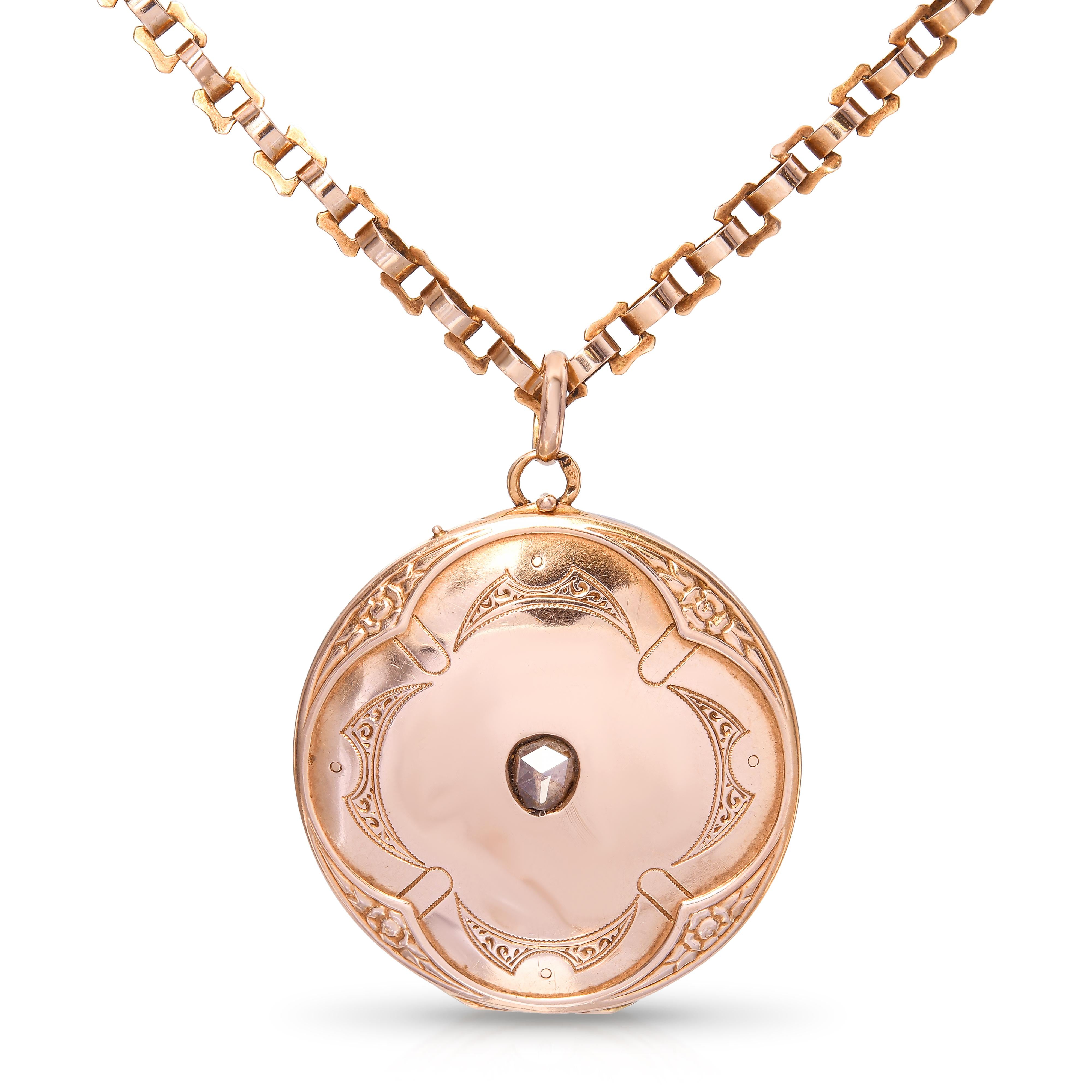 Antique 14k Rose Gold Fancy Link and Rose Cut Diamond Locket Pendant Necklace