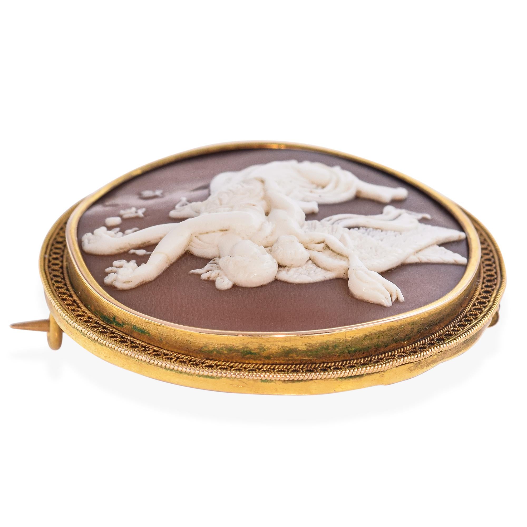 Antique 16k Yellow Gold Shell Cameo  "Aurora with the Genius of Light" Brooch