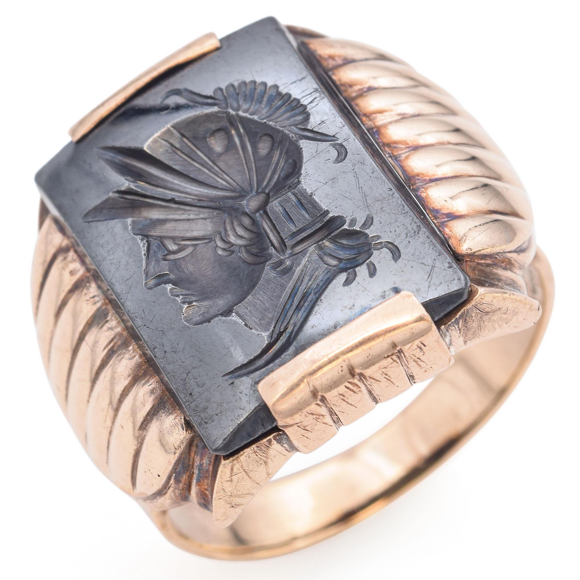 Vintage 10k Yellow Gold Hematite Intaglio Roman Soldier Ring