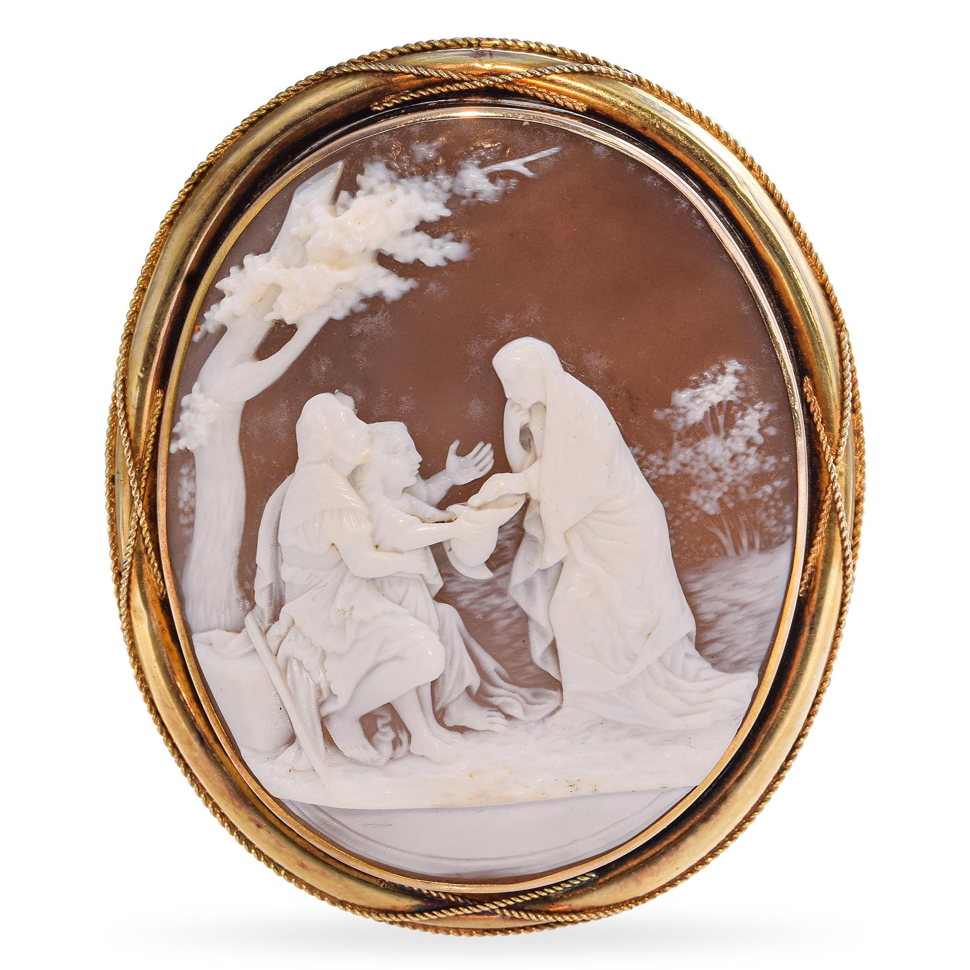 Antique 9k Yellow Gold Shell Cameo "St Catherine Giving Ohms" Brooch