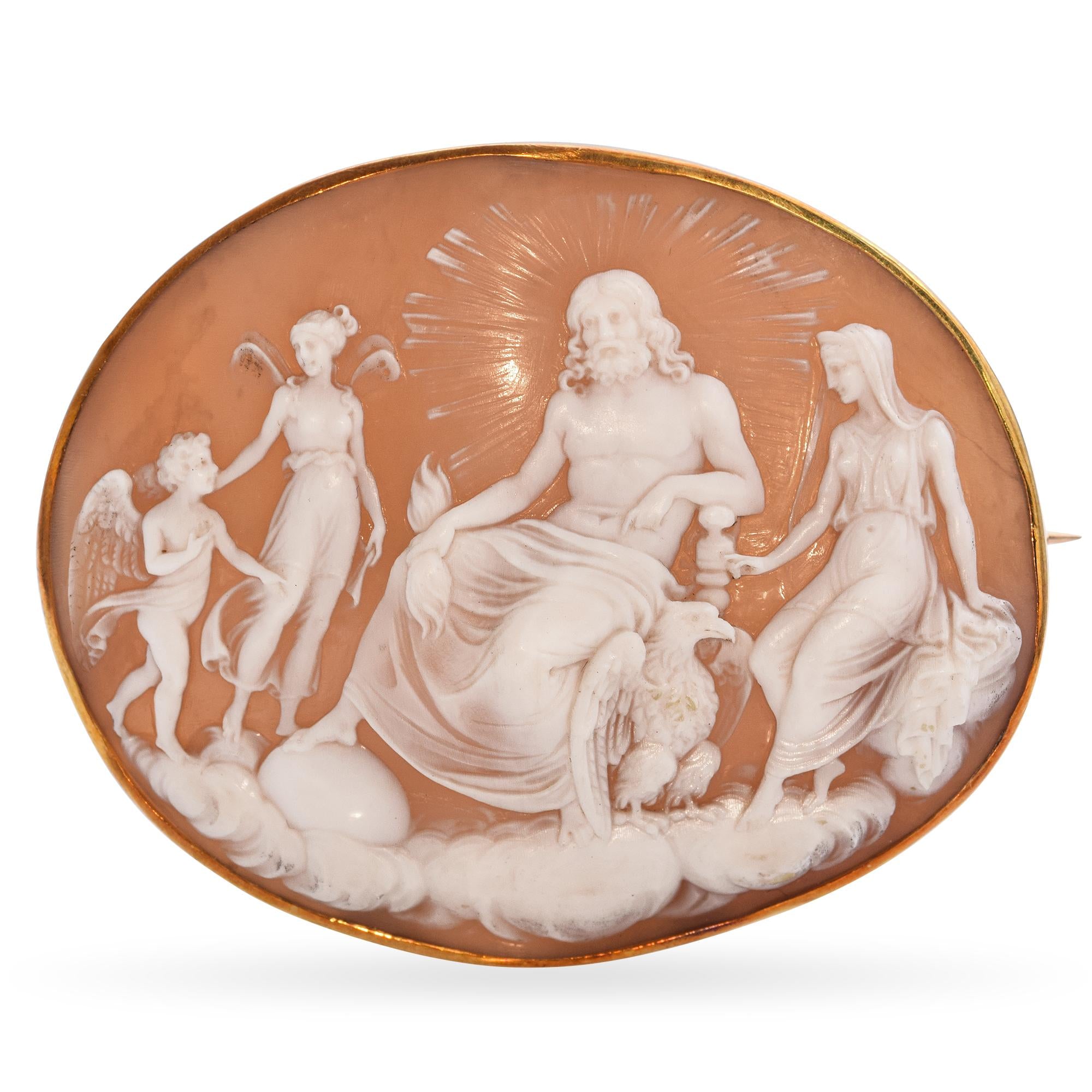 Antique 18k Yellow Gold Shell Cameo "Cupid and Psyche Getting Married" Brooch