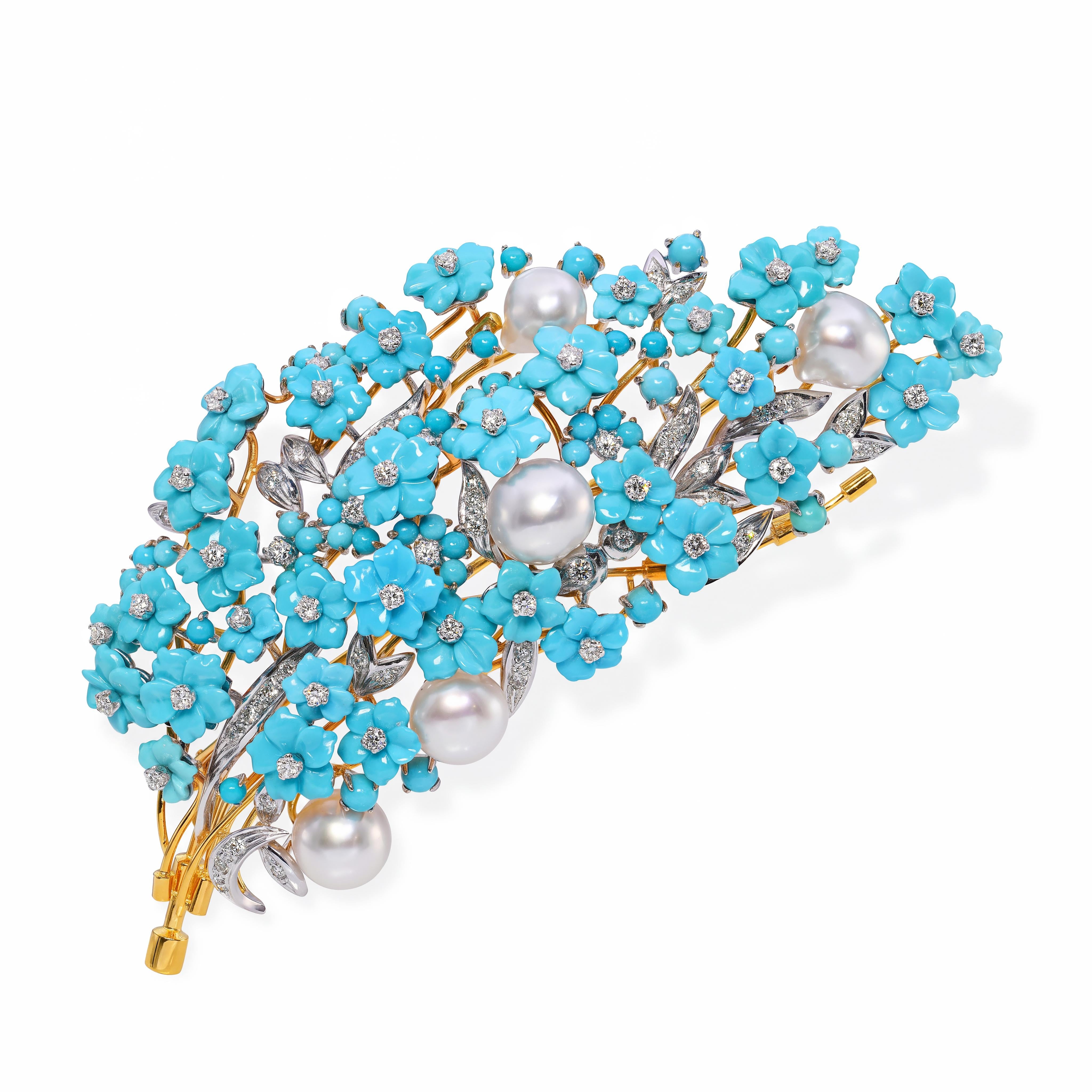 18k Two Tone Gold Diamond Pearl and Turquoise Floral Cluster Brooch