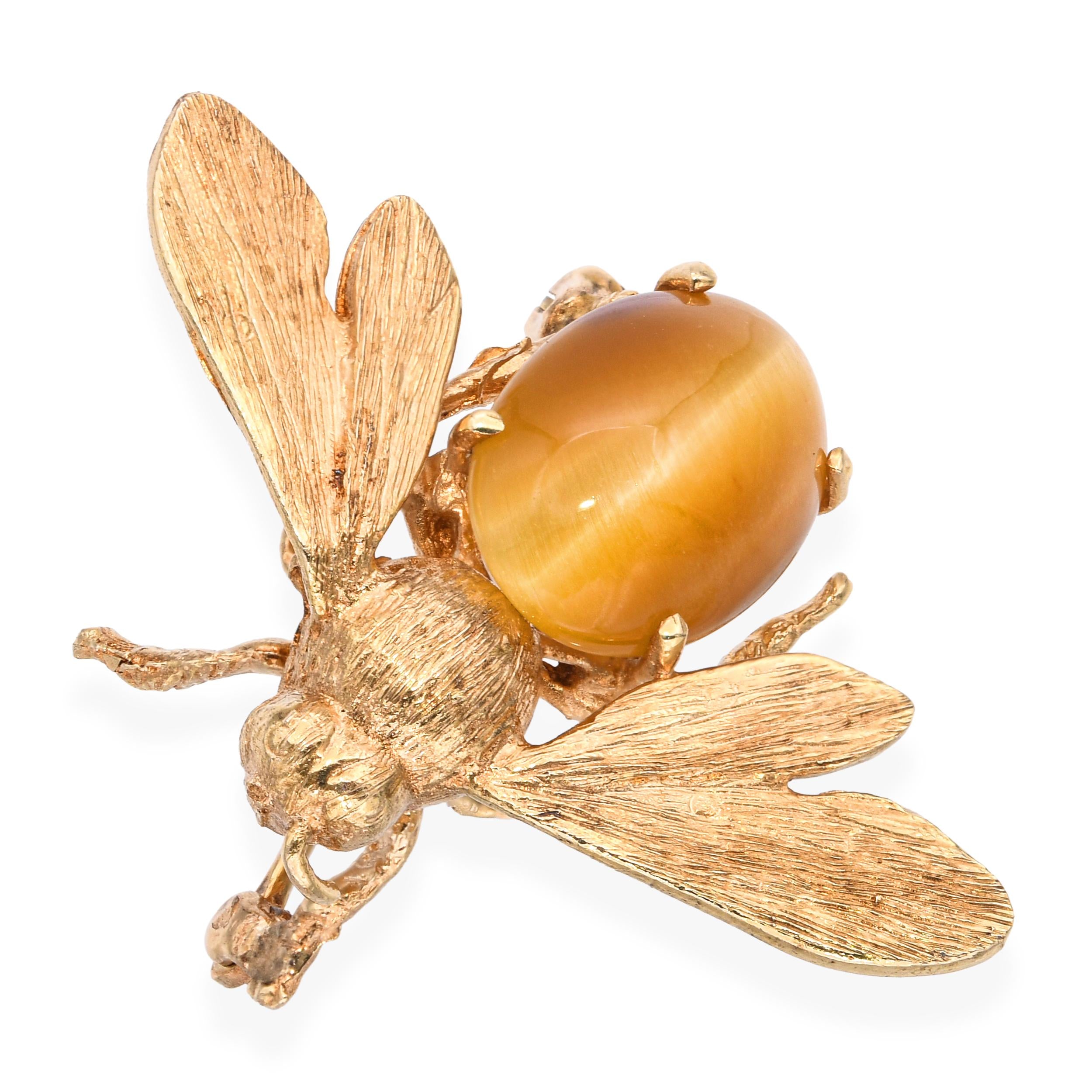 Vintage 14k Yellow Gold Tigers Eye Bumblebee Brooch
