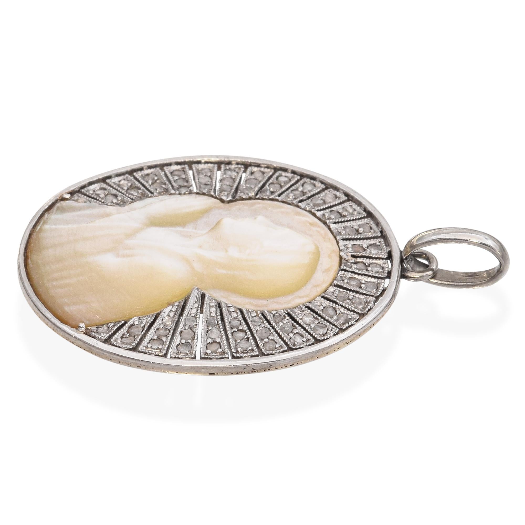 Antique 18k White Gold Mother of Pearl Cameo Diamond Pendant