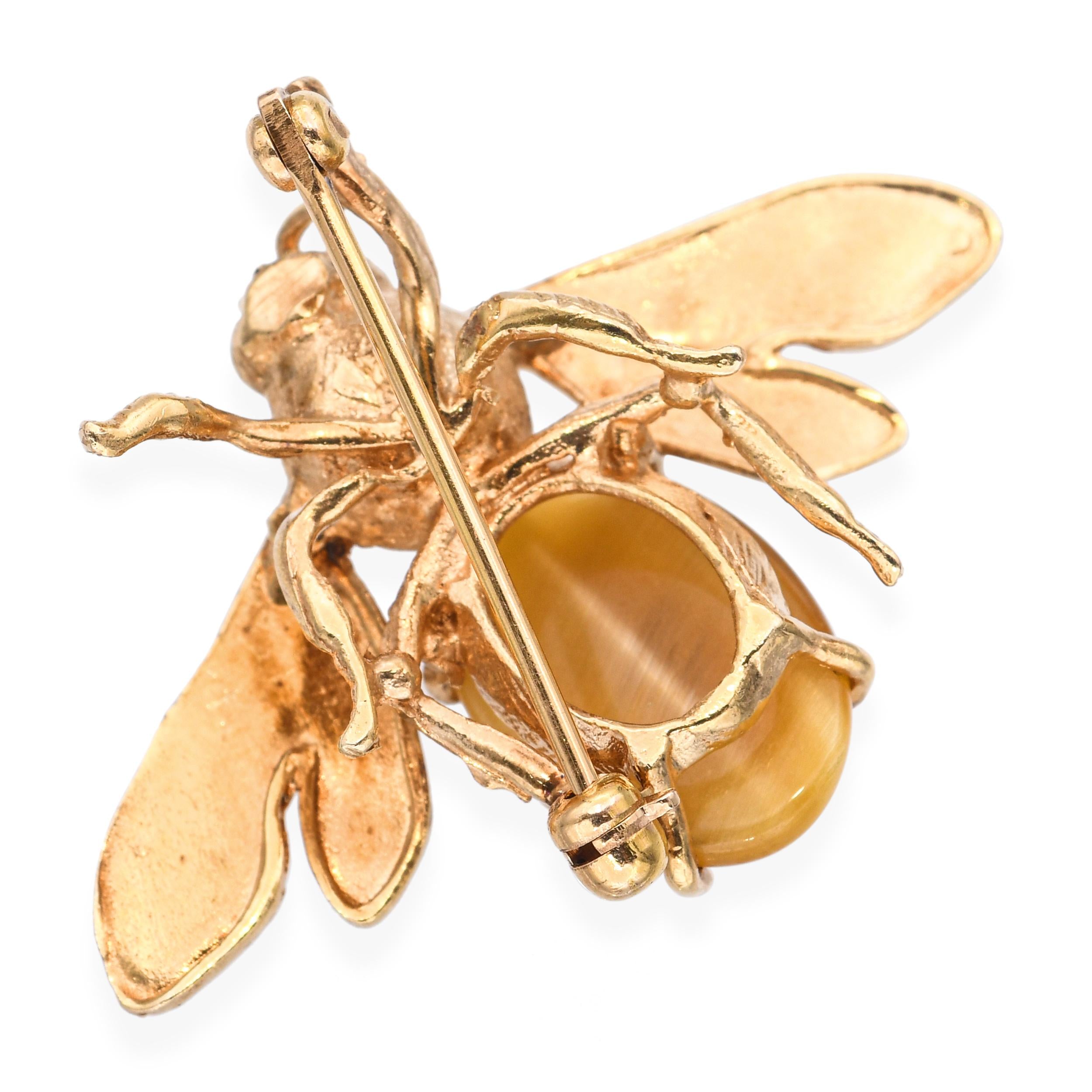 Vintage 14k Yellow Gold Tigers Eye Bumblebee Brooch