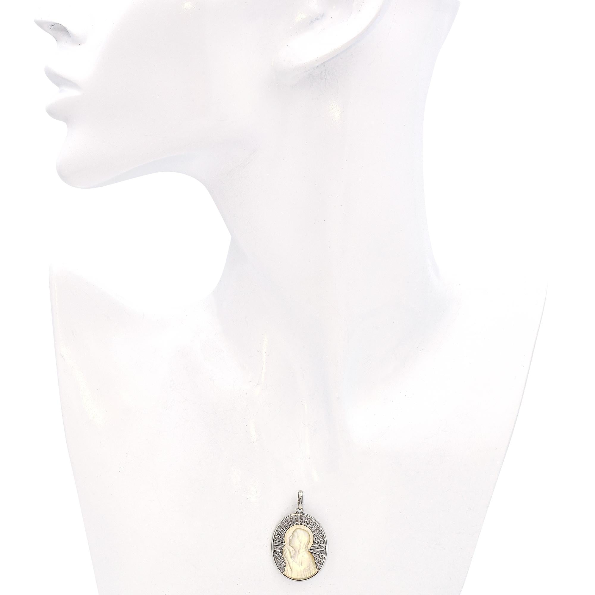 Antique 18k White Gold Mother of Pearl Cameo Diamond Pendant