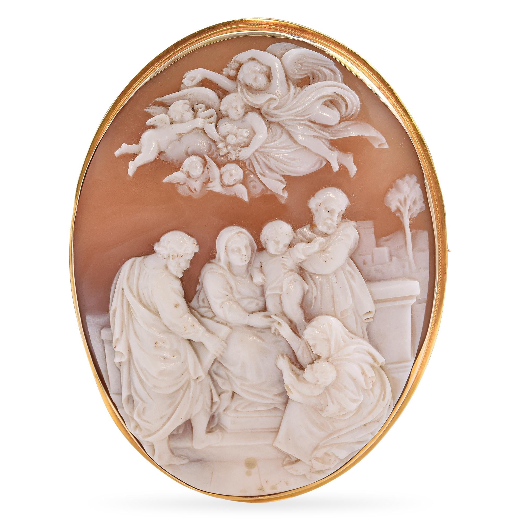 Antique Yellow Gold "Family of Jesus and John" Cameo Brooch