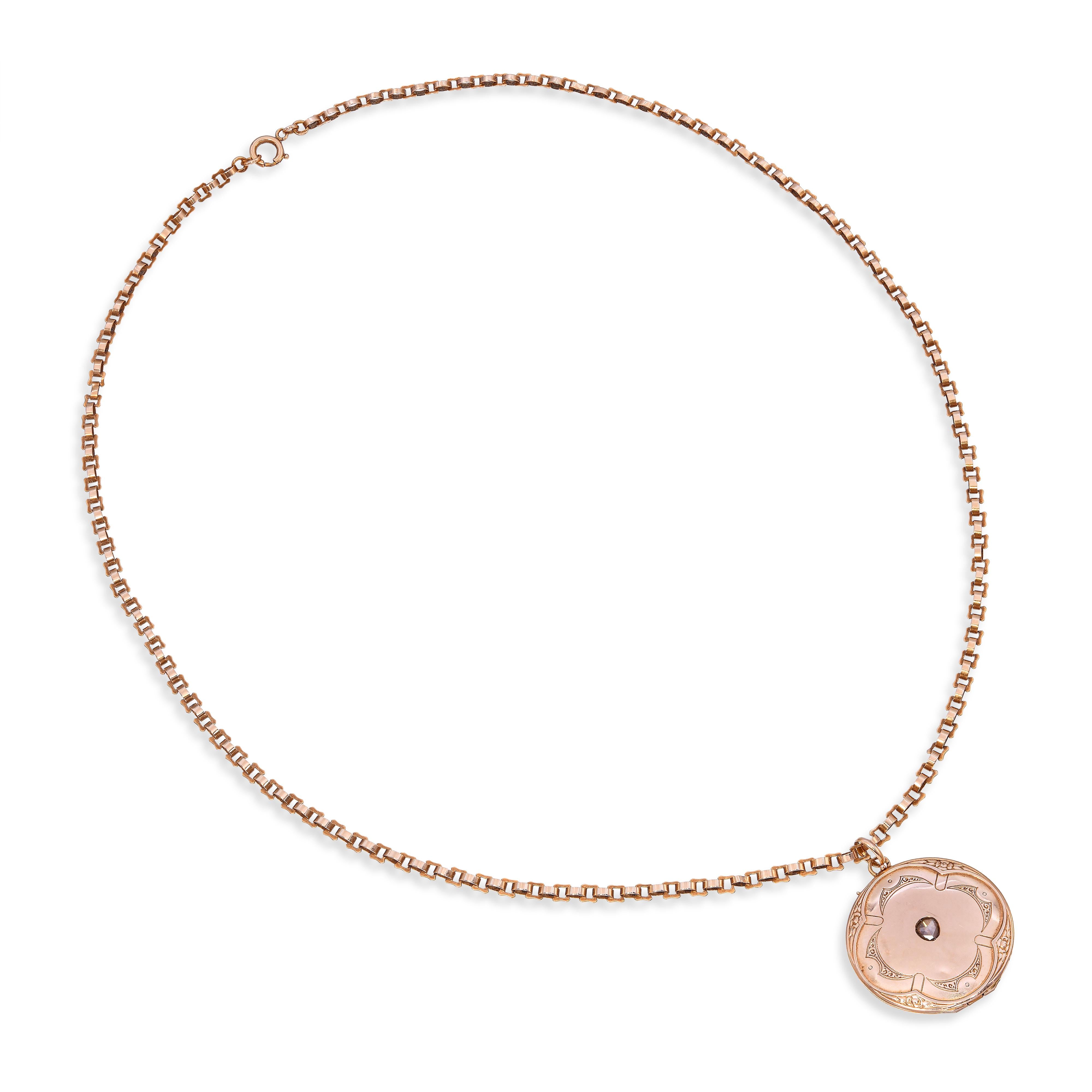 Antique 14k Rose Gold Fancy Link and Rose Cut Diamond Locket Pendant Necklace