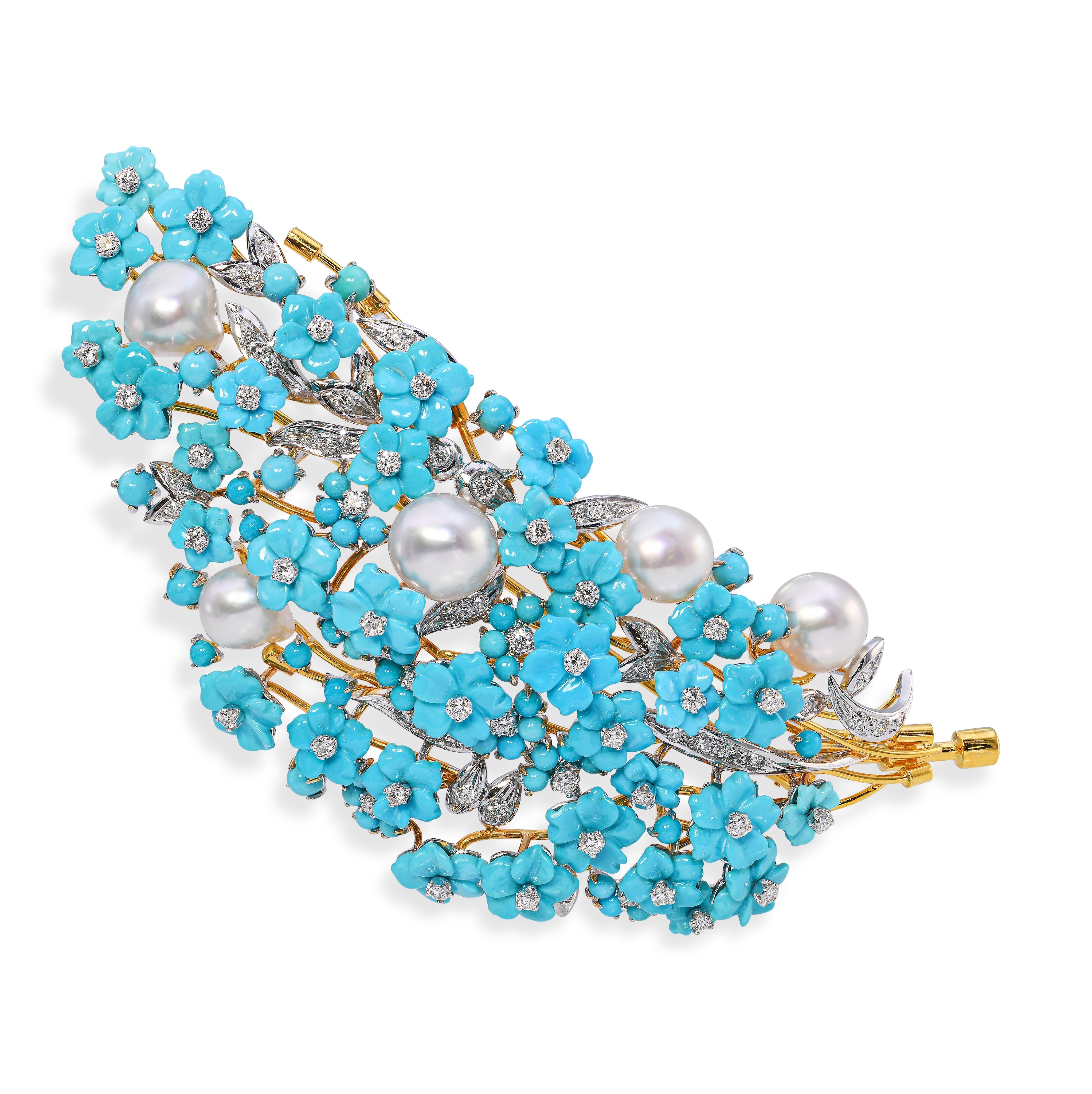 18k Two Tone Gold Diamond Pearl and Turquoise Floral Cluster Brooch