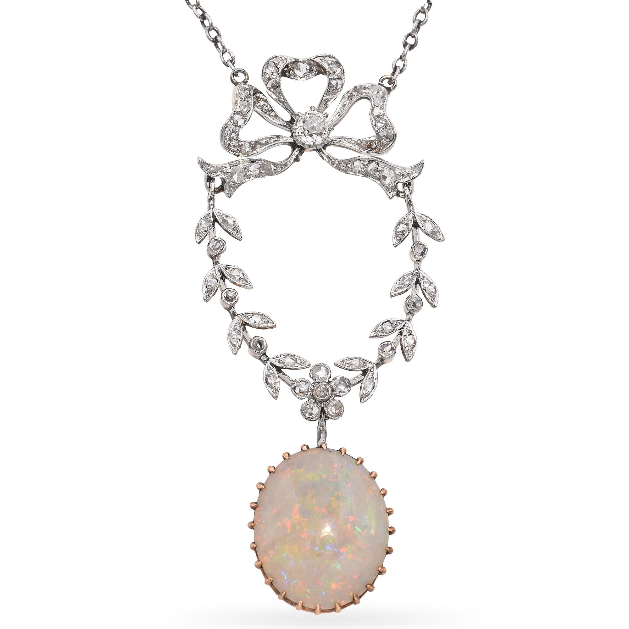 Antique Edwardian Platinum & Gold Bow Motif Diamond & Opal Drop Pendant Necklace