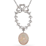 Antique Edwardian Platinum & Gold Bow Motif Diamond & Opal Drop Pendant Necklace