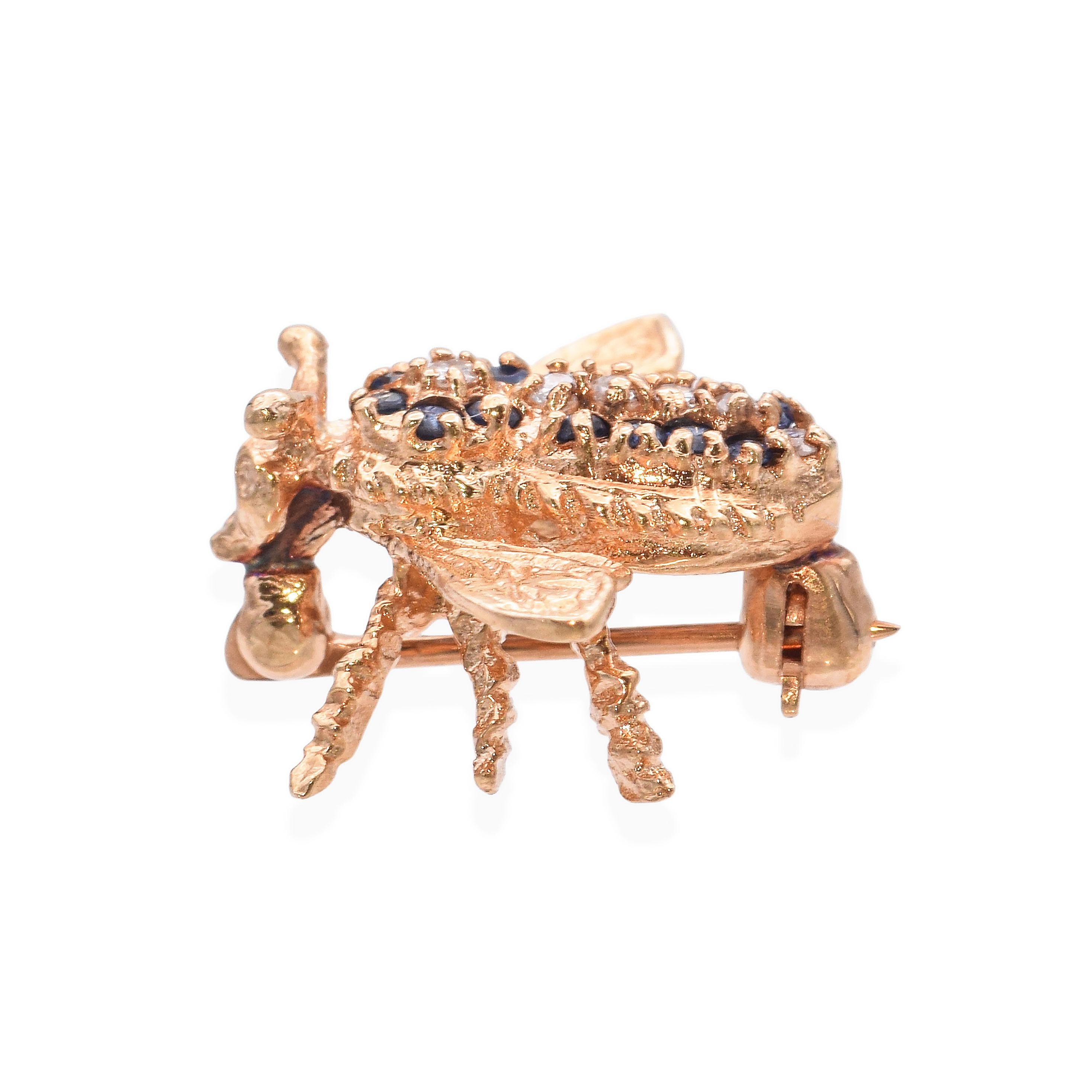 Vintage 14k Yellow Gold Sapphire Diamond Bumblebee Brooch