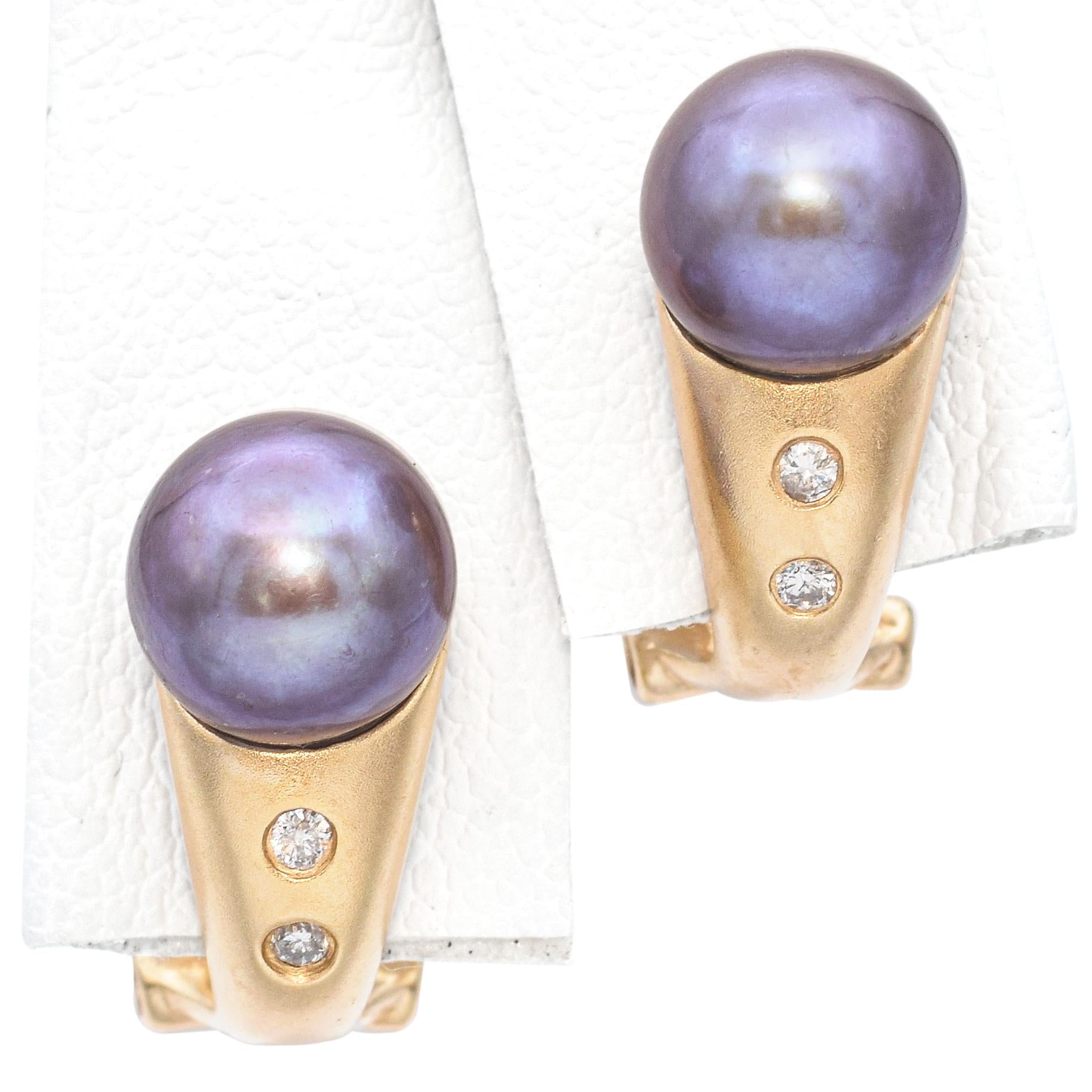 14k Sandblasted Yellow Gold Tahitian Pearl and Diamond Drop Earrings