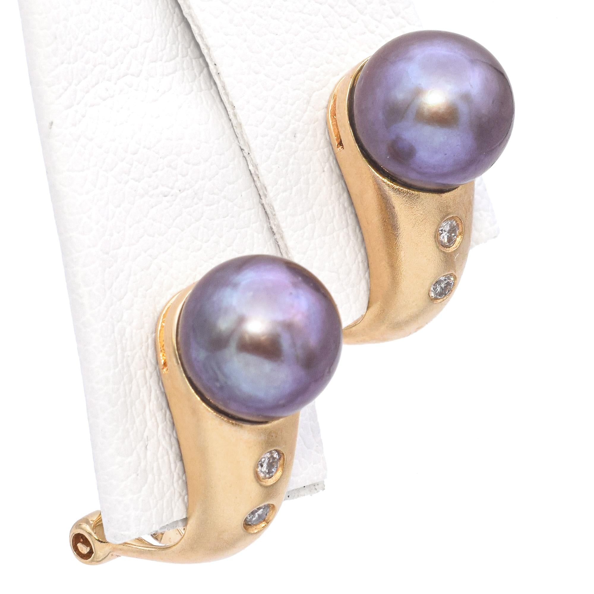 14k Sandblasted Yellow Gold Tahitian Pearl and Diamond Drop Earrings