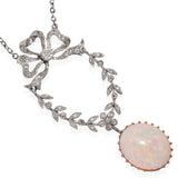Antique Edwardian Platinum & Gold Bow Motif Diamond & Opal Drop Pendant Necklace