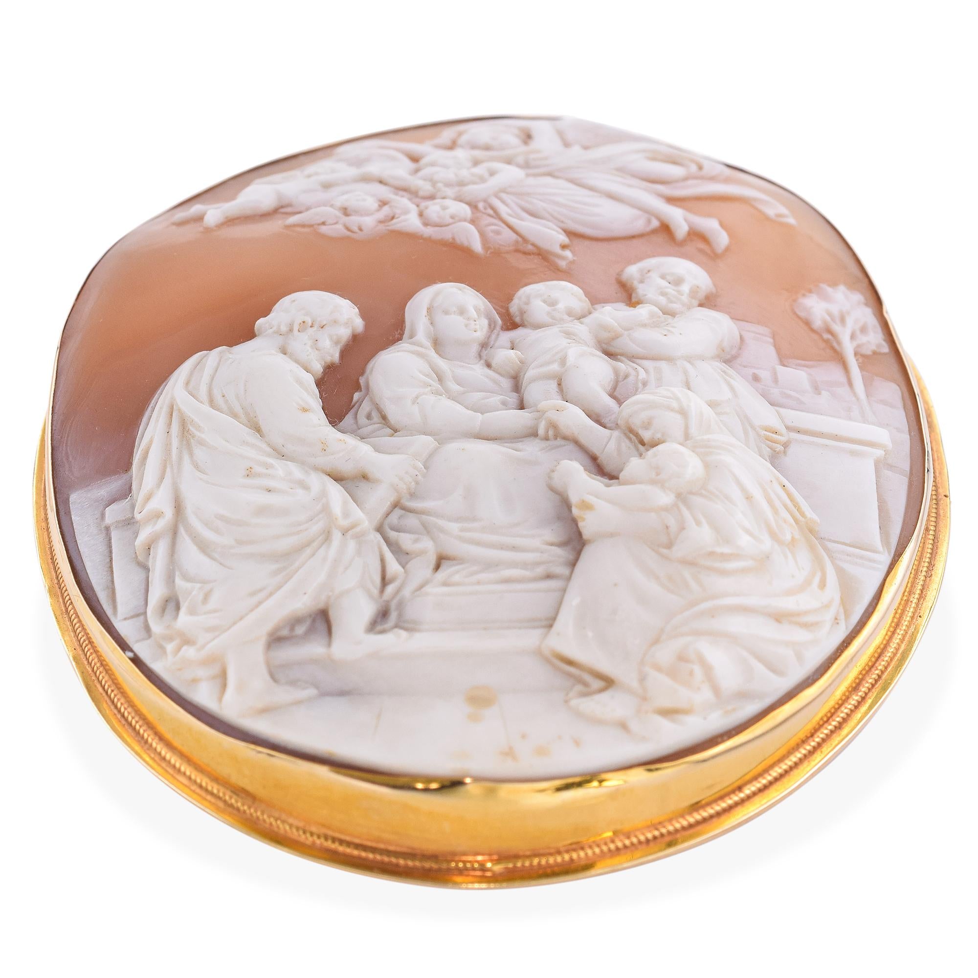 Antique Yellow Gold "Family of Jesus and John" Cameo Brooch