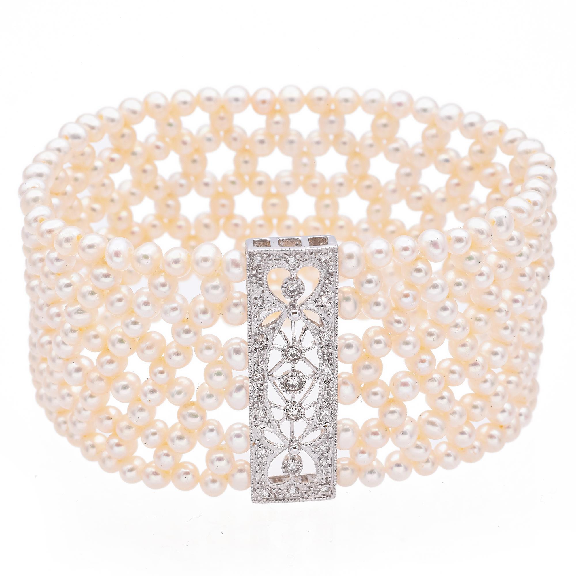 Vintage 14k White Gold Diamond Pearl Stretch Cuff Bracelet