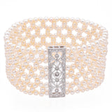 Vintage 14k White Gold Diamond Pearl Stretch Cuff Bracelet