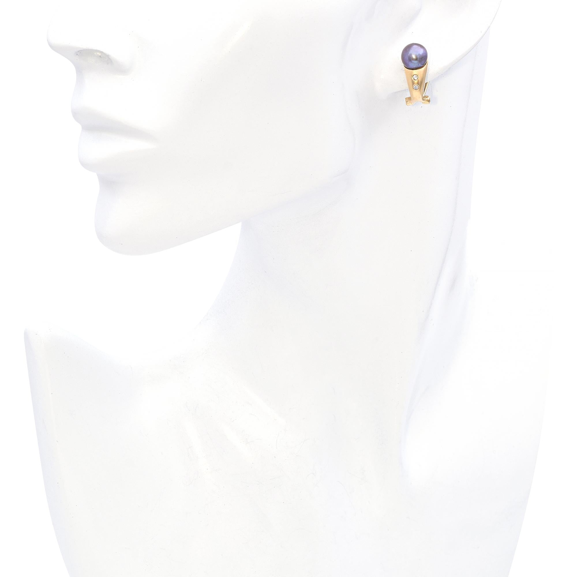 14k Sandblasted Yellow Gold Tahitian Pearl and Diamond Drop Earrings