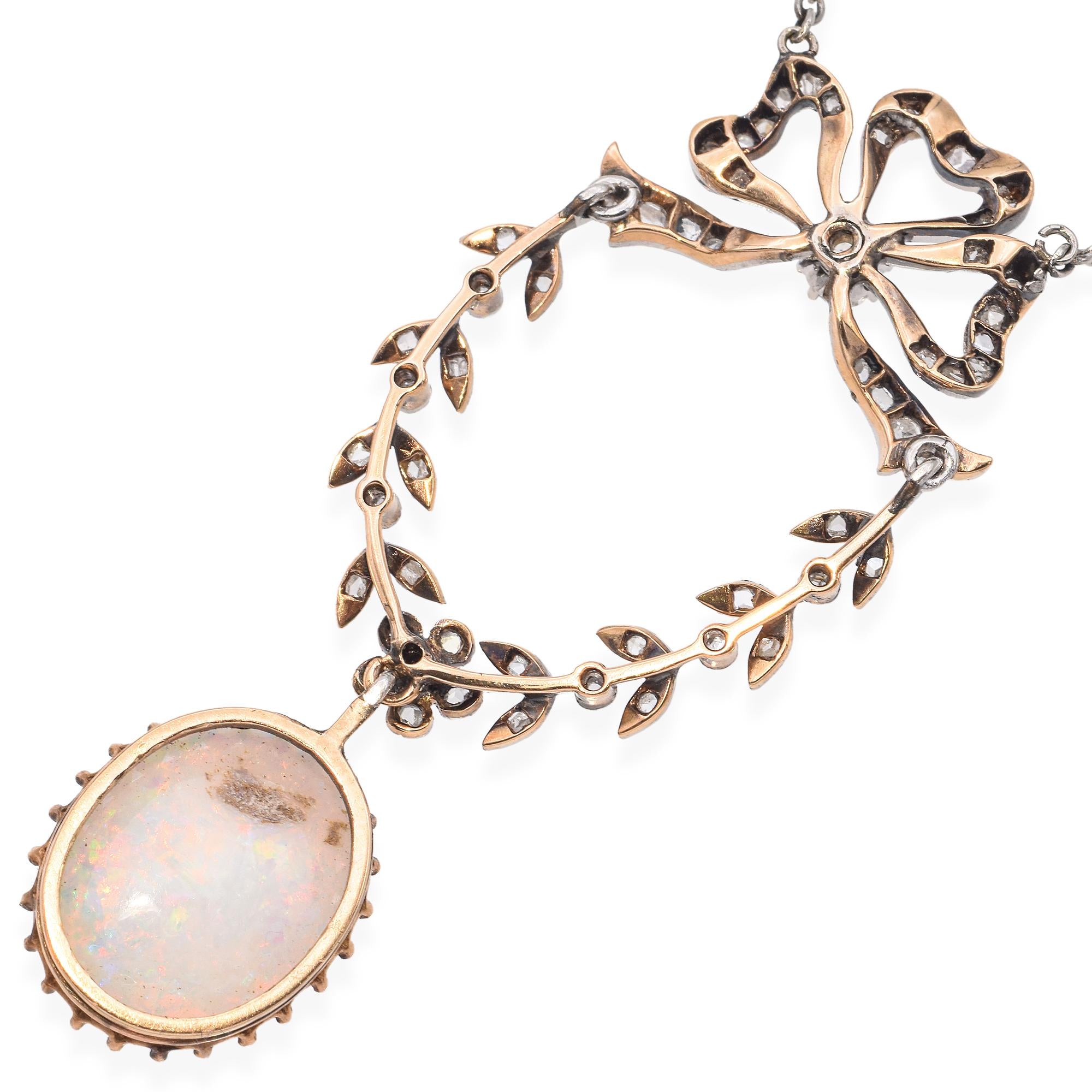Antique Edwardian Platinum & Gold Bow Motif Diamond & Opal Drop Pendant Necklace