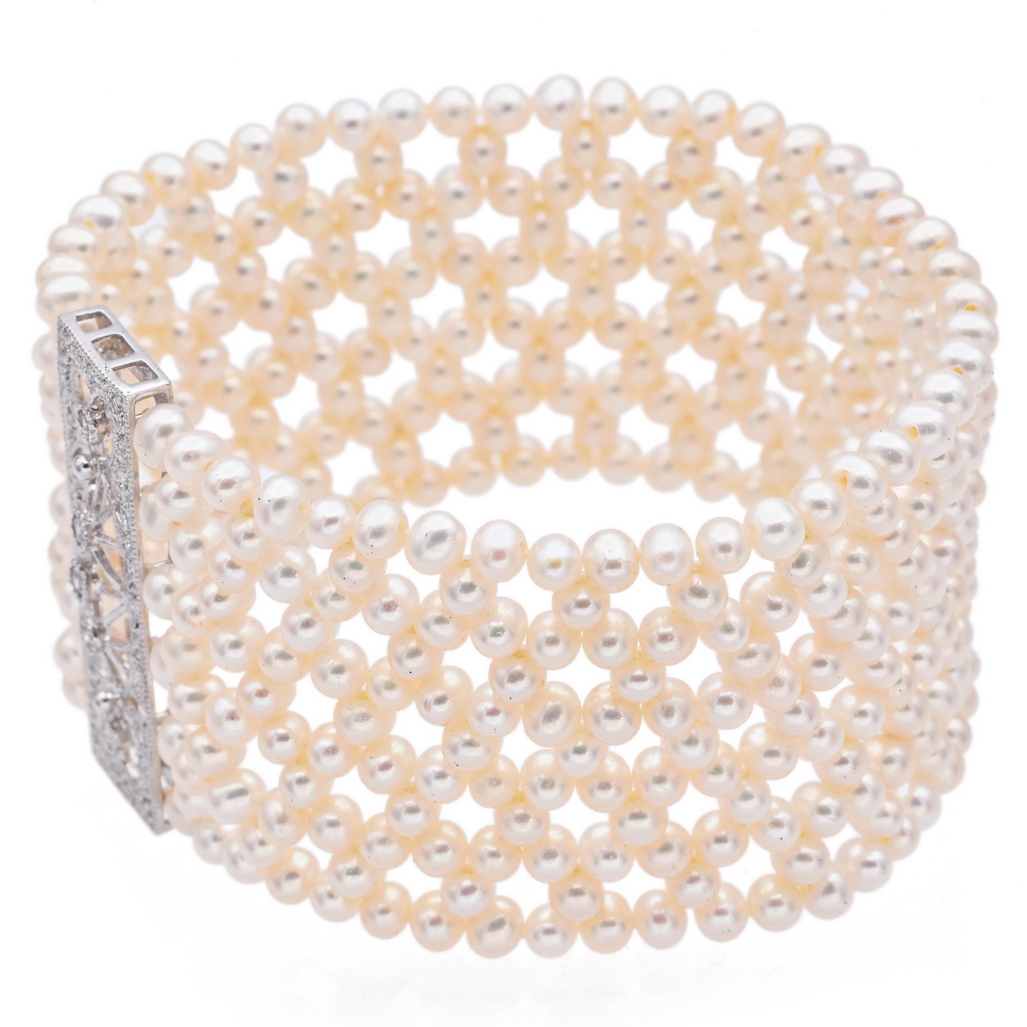 Vintage 14k White Gold Diamond Pearl Stretch Cuff Bracelet