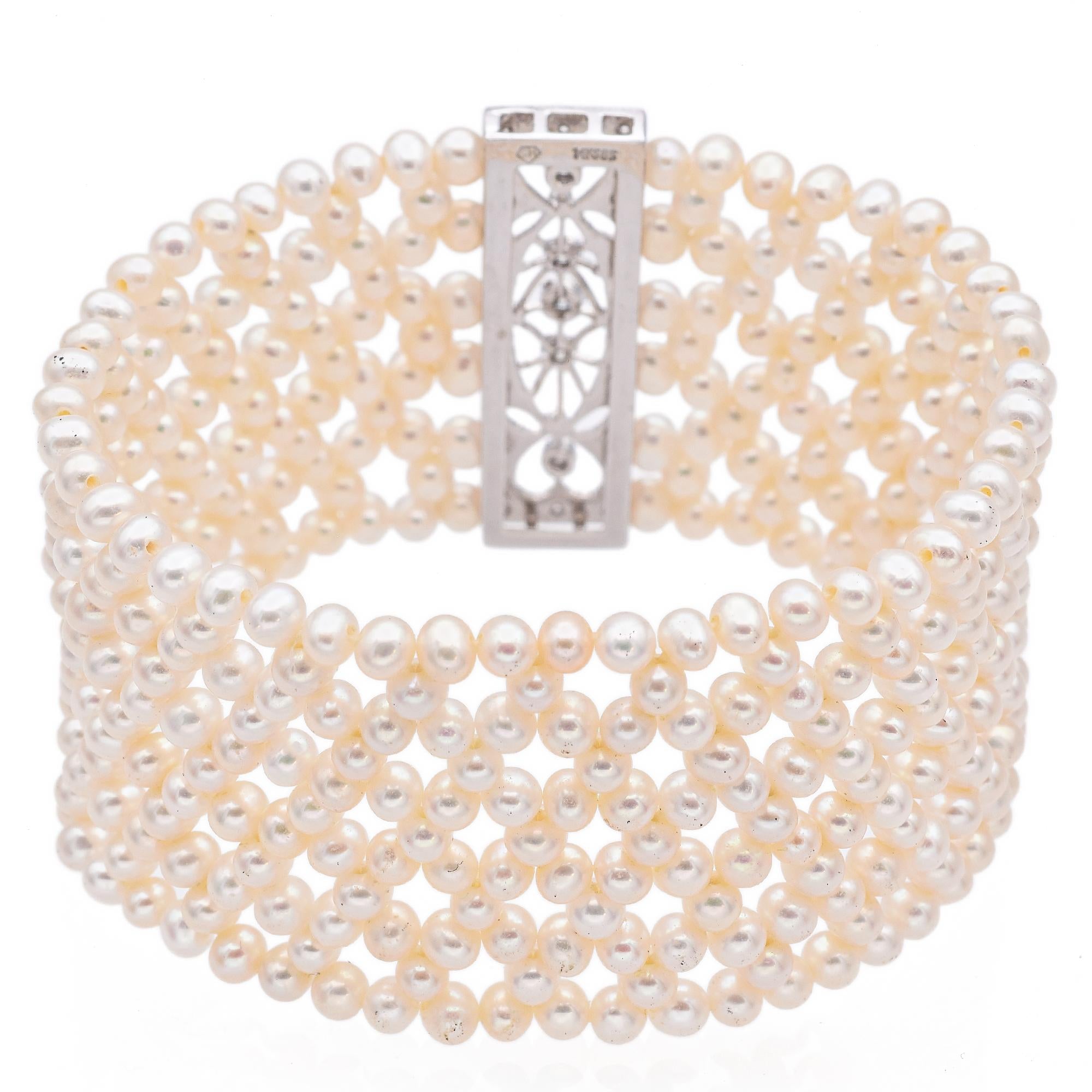 Vintage 14k White Gold Diamond Pearl Stretch Cuff Bracelet