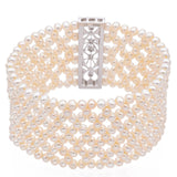 Vintage 14k White Gold Diamond Pearl Stretch Cuff Bracelet