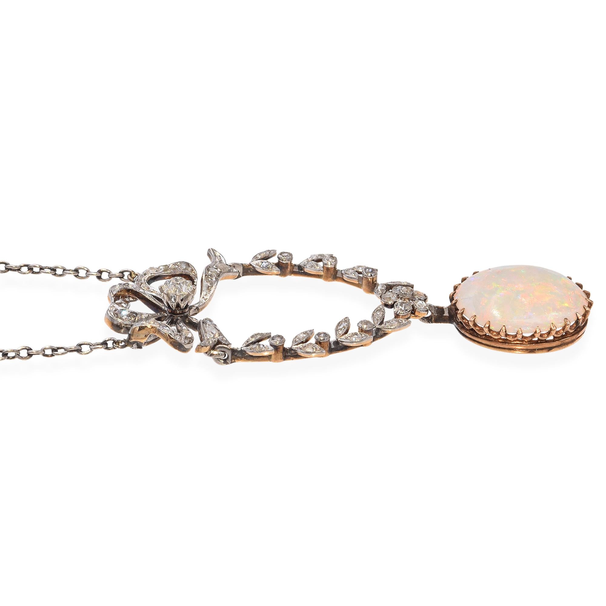 Antique Edwardian Platinum & Gold Bow Motif Diamond & Opal Drop Pendant Necklace