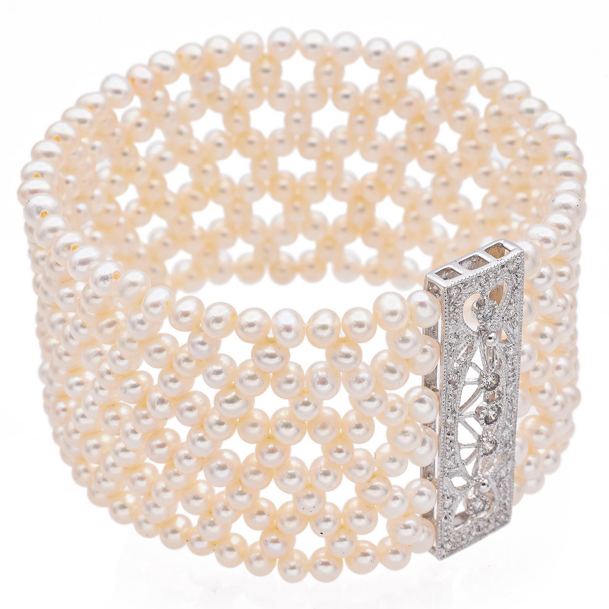 Vintage 14k White Gold Diamond Pearl Stretch Cuff Bracelet