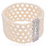 Vintage 14k White Gold Diamond Pearl Stretch Cuff Bracelet