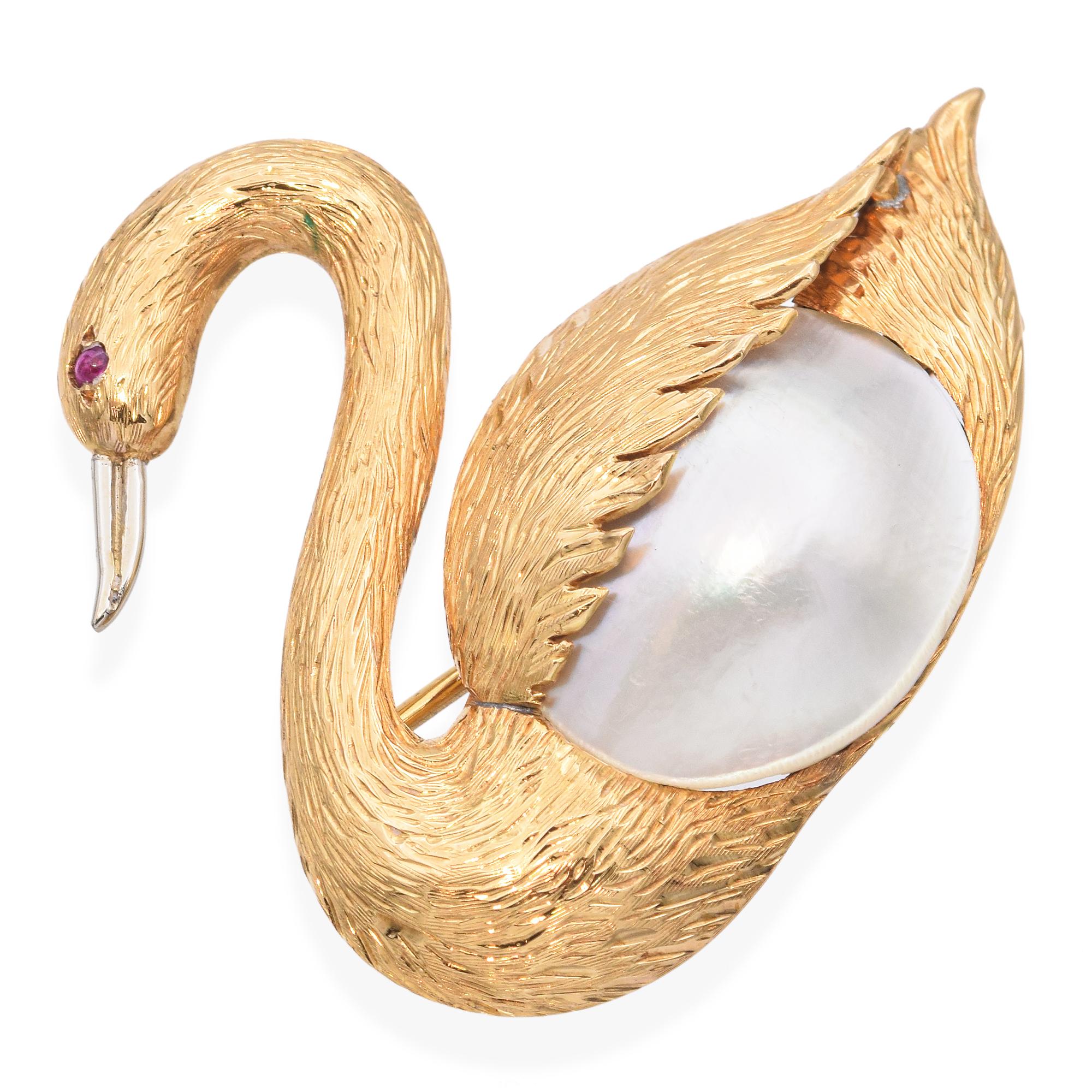 Vintage 18k Yellow Gold Mother of Pearl Swan With Ruby Eye Brooch