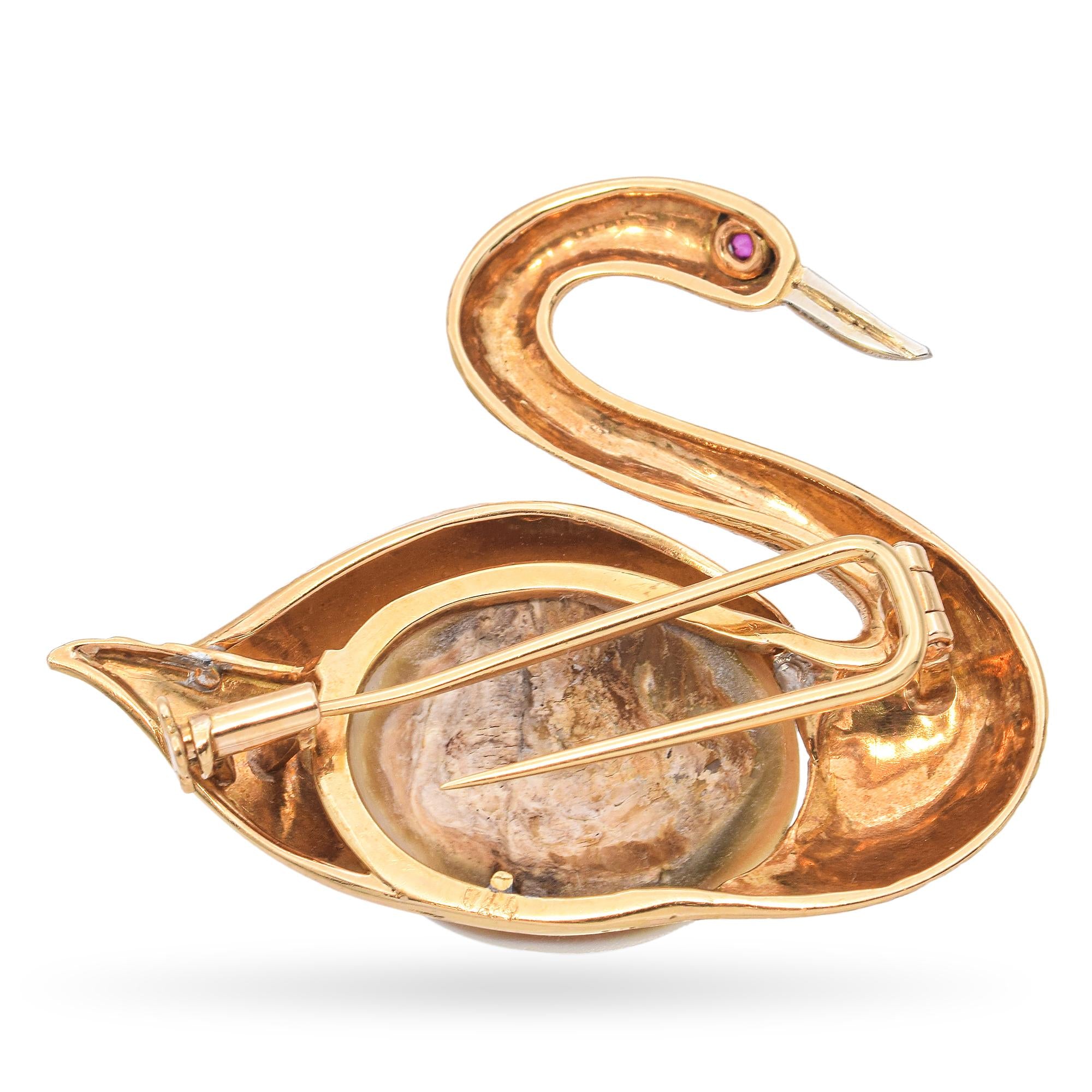 Vintage 18k Yellow Gold Mother of Pearl Swan With Ruby Eye Brooch