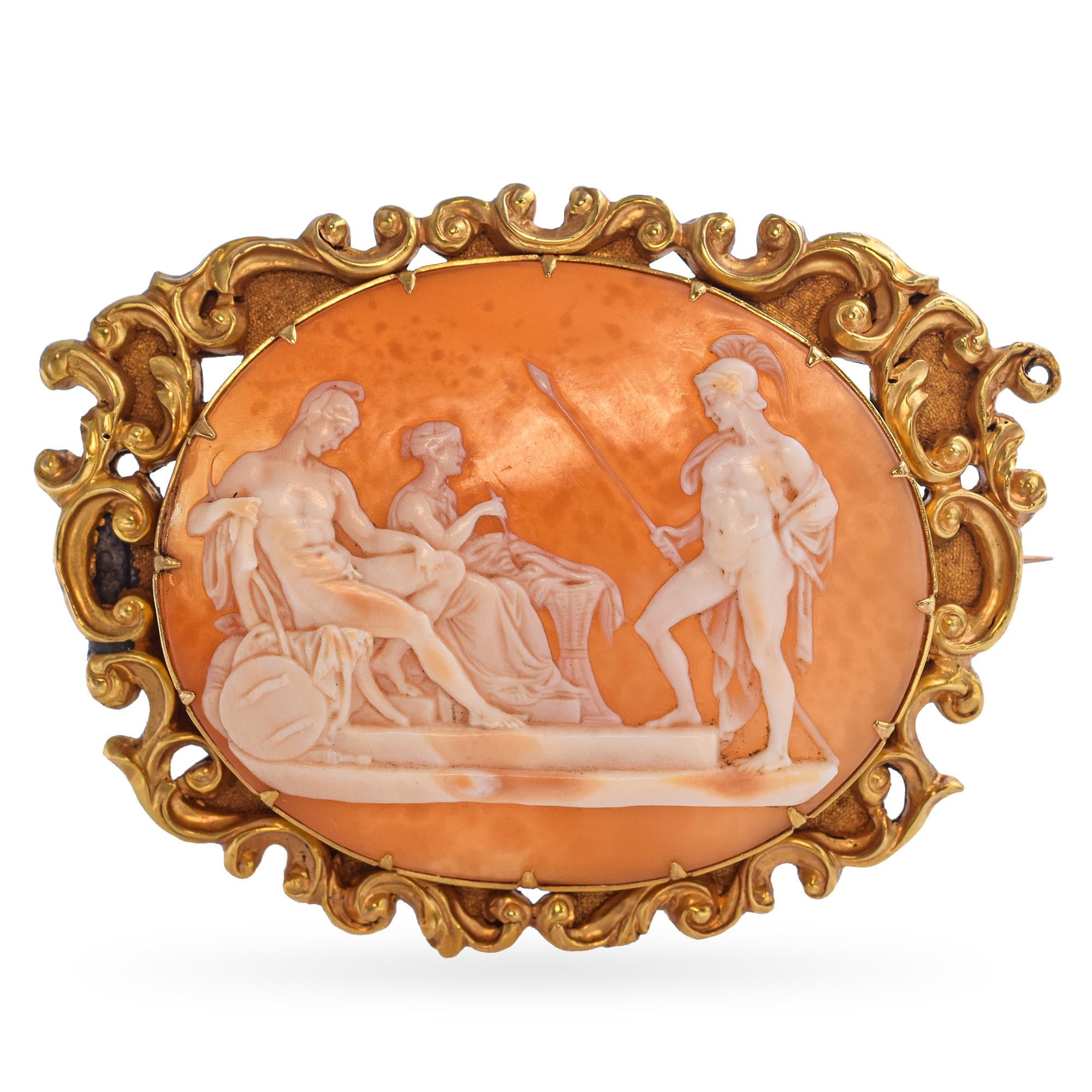 Antique 18k Yellow Gold "Hector going to see Paris" Cameo Brooch