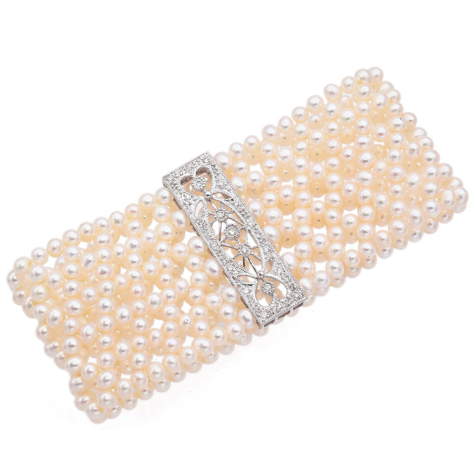 Vintage 14k White Gold Diamond Pearl Stretch Cuff Bracelet