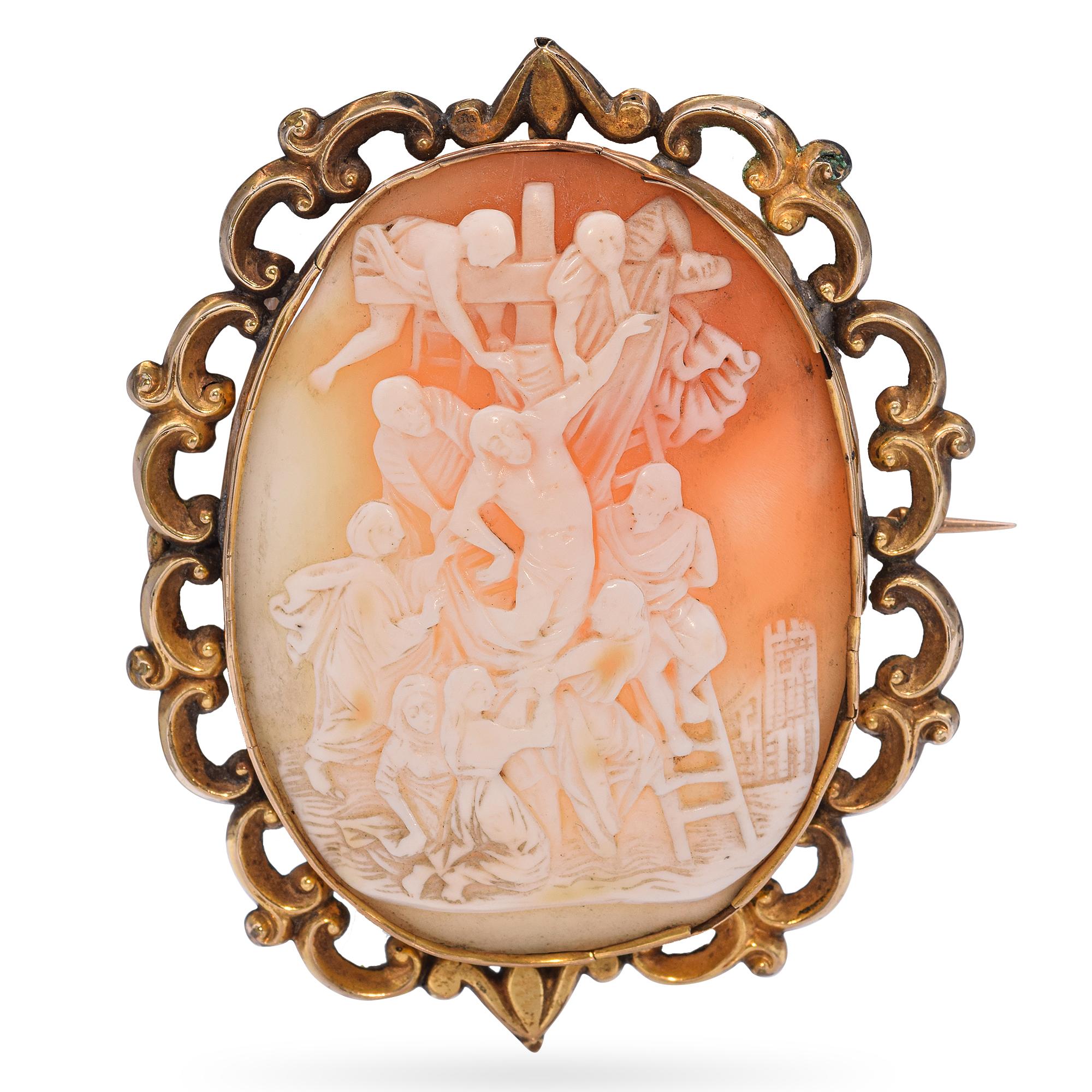 Antique 10k Yellow Gold Hoisting of Jesus Cameo Brooch