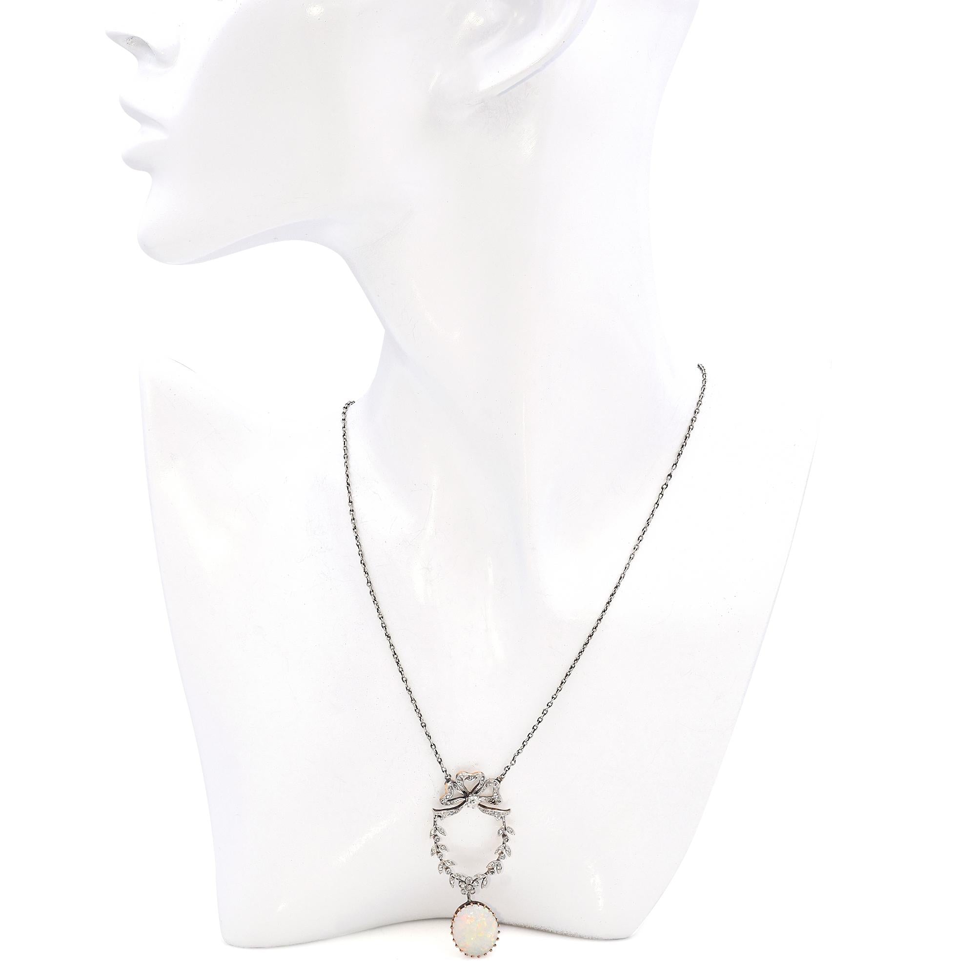Antique Edwardian Platinum & Gold Bow Motif Diamond & Opal Drop Pendant Necklace