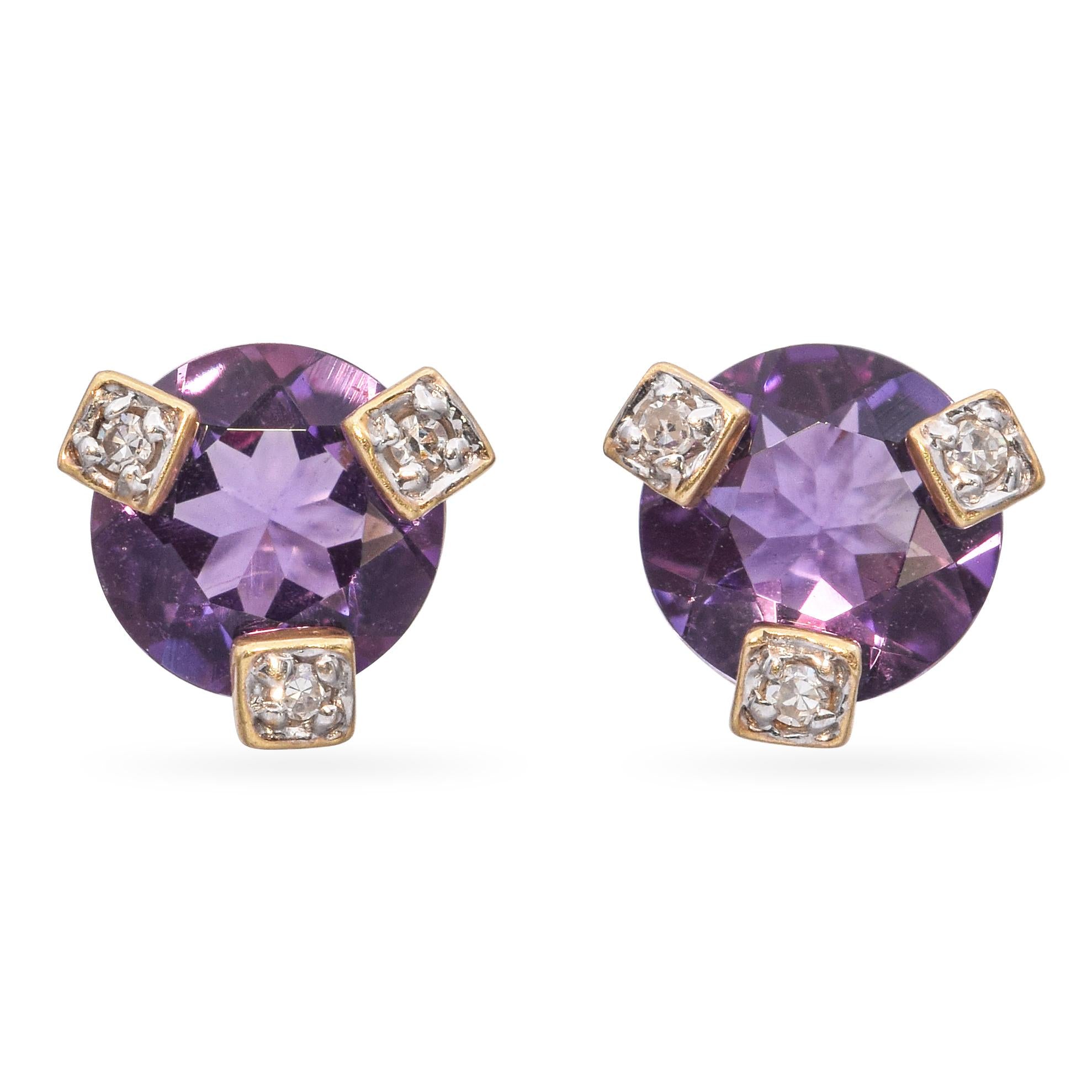 14k Yellow Gold Amethyst Diamond Stud Earrings