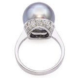 Vintage 18k White Gold Tahitian Black Pearl and Diamond Ring