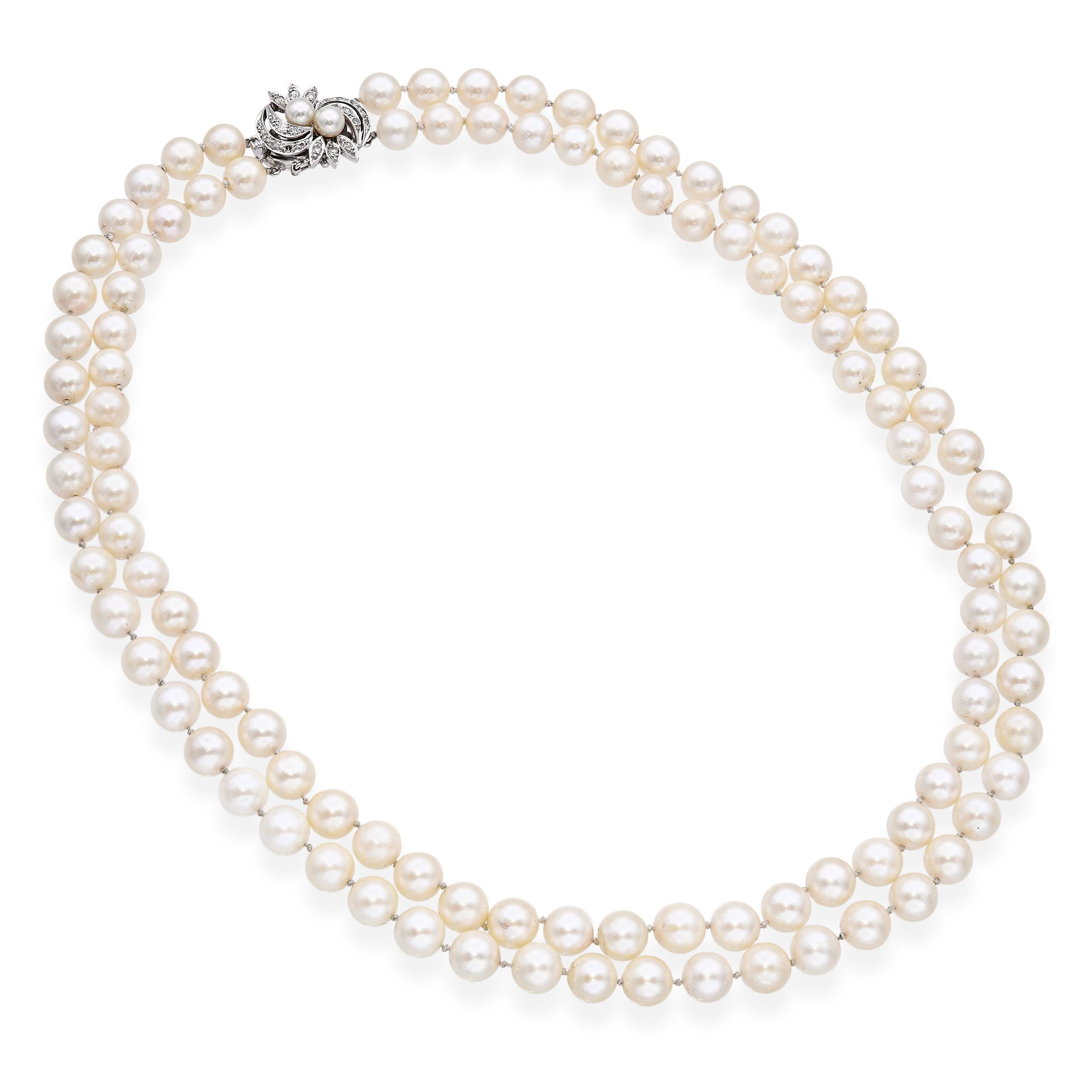 Vintage Double Strand Pearl Necklace with White Gold and Diamond Clasp
