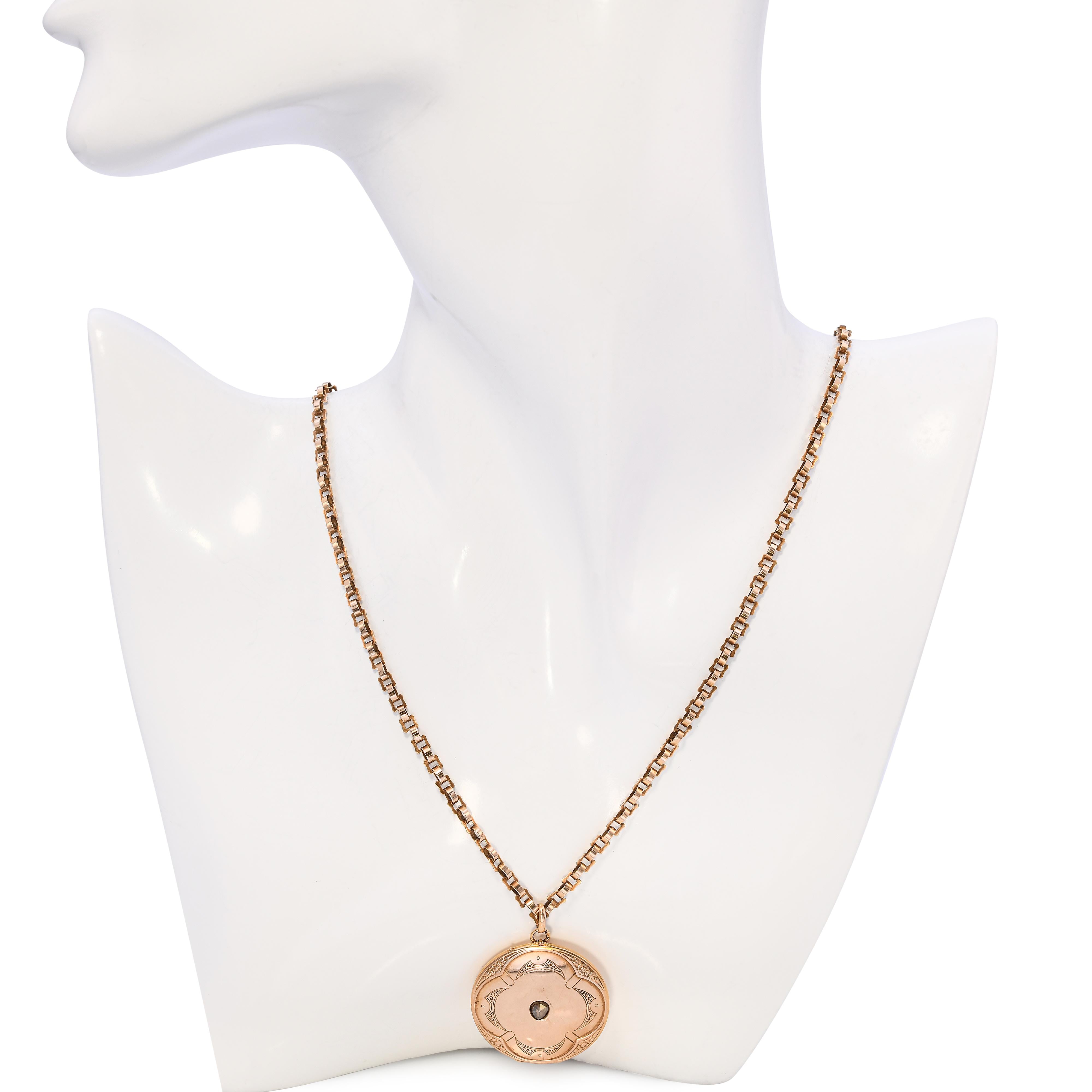 Antique 14k Rose Gold Fancy Link and Rose Cut Diamond Locket Pendant Necklace