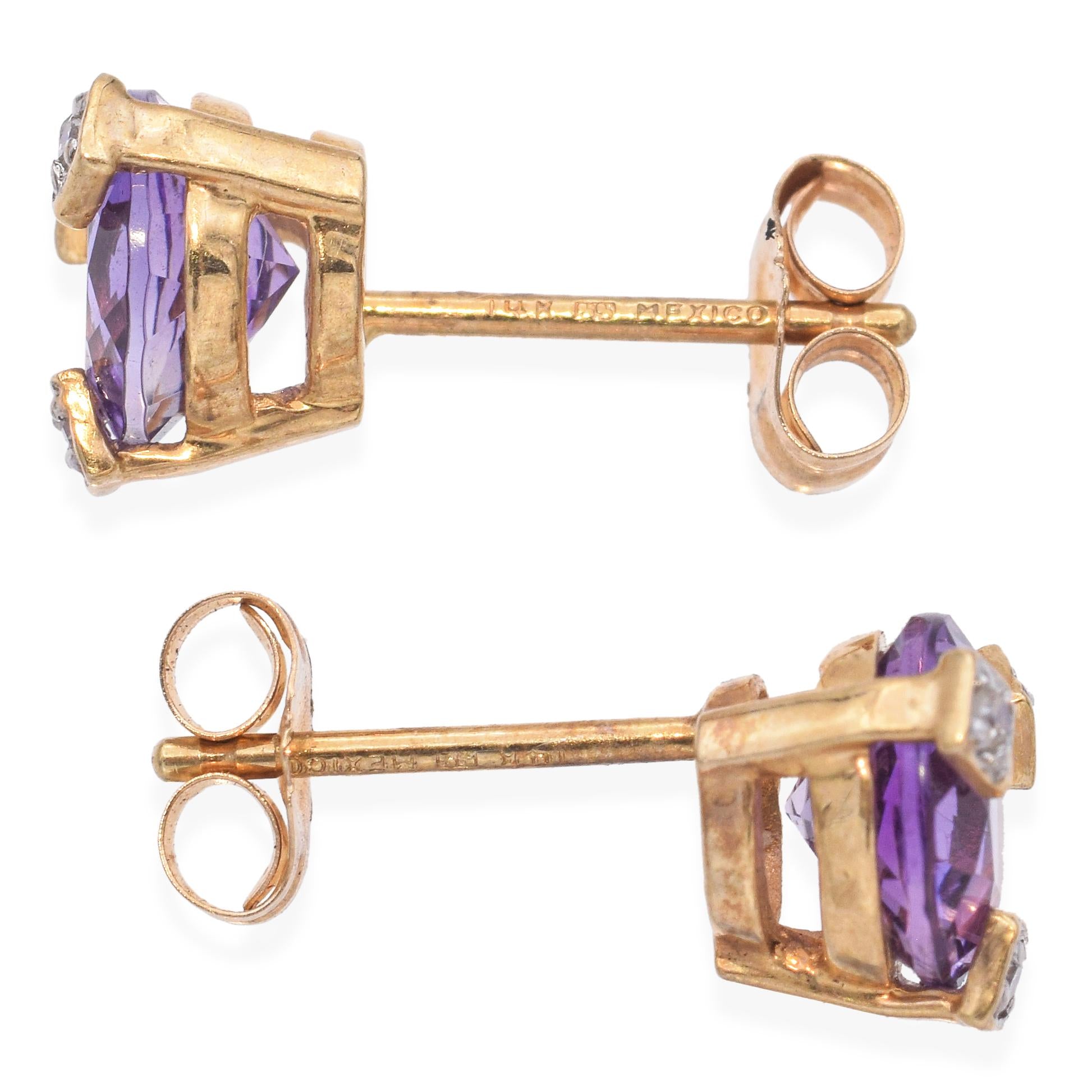 14k Yellow Gold Amethyst Diamond Stud Earrings