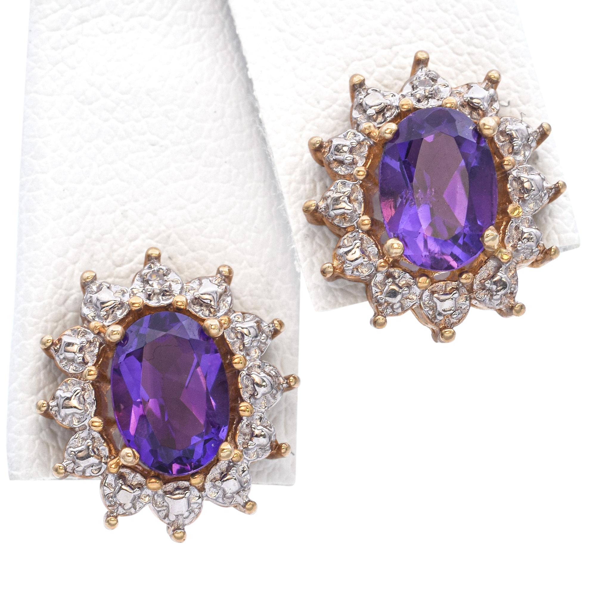 14k Yellow Gold 1.38tcw Amethyst and Diamond Halo Stud Earrings