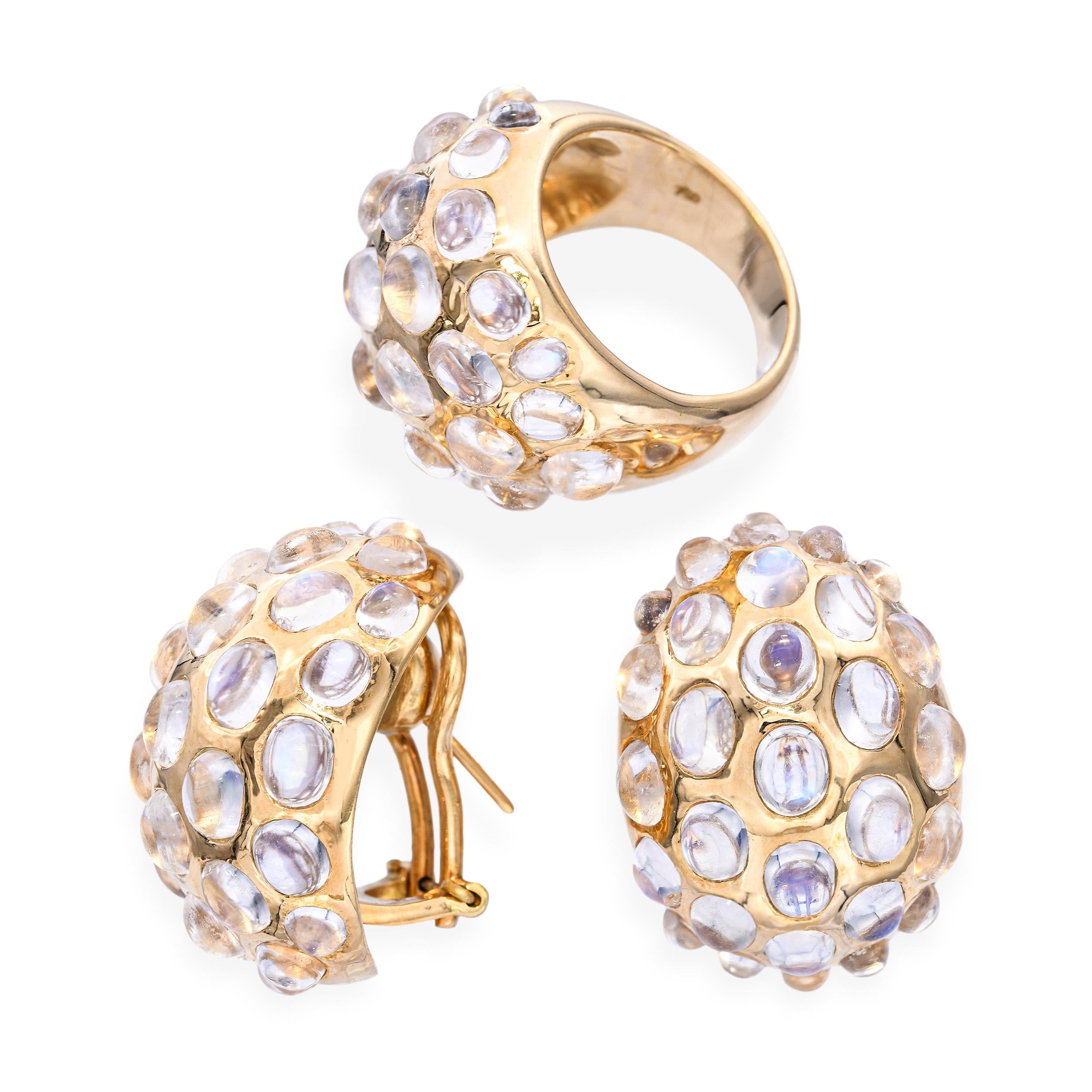 Vintage Yves 18k Yellow Gold Moonstone Cabochon Dome Ring and Earrings Set