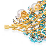 18k Two Tone Gold Diamond Pearl and Turquoise Floral Cluster Brooch