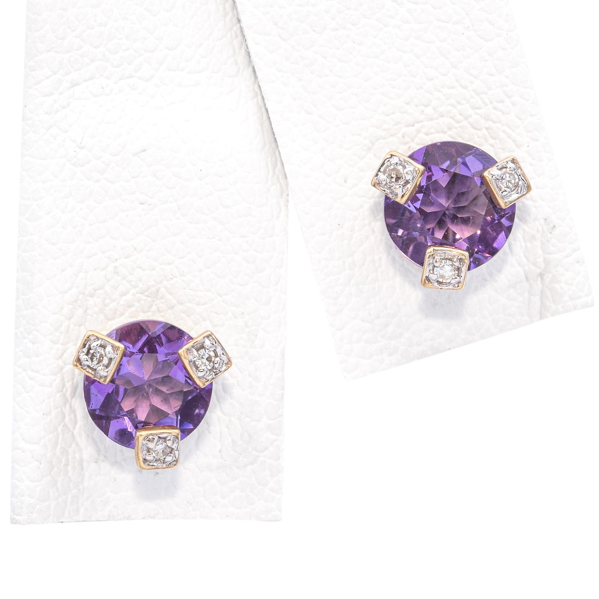14k Yellow Gold Amethyst Diamond Stud Earrings