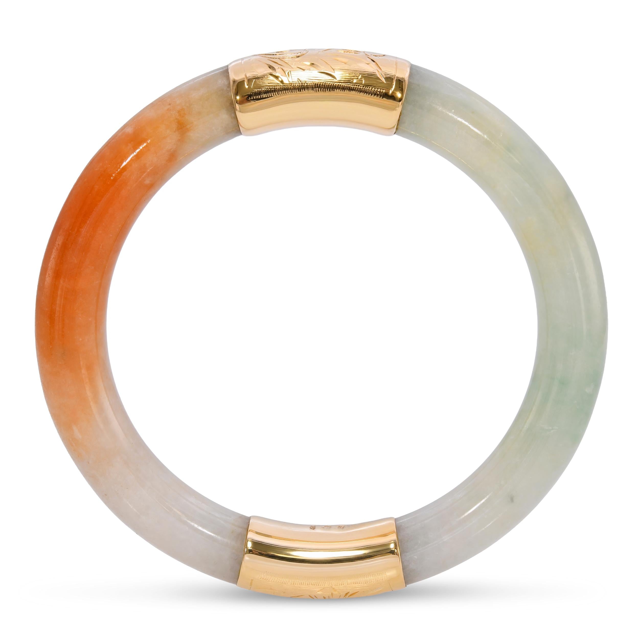 Vintage 14k Yellow Gold GIA Grade A Green & Orange Jadeite Jade Bangle