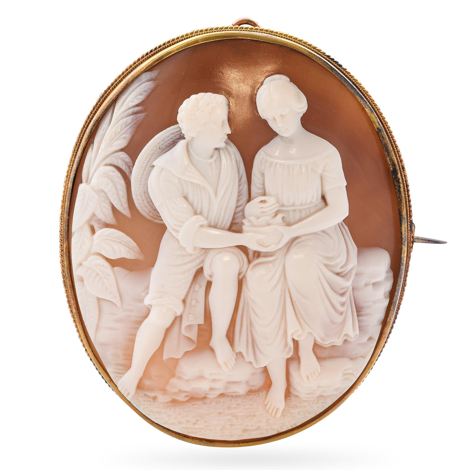 Antique Gold Vermeil "Provincial Young Couple" Cameo Brooch