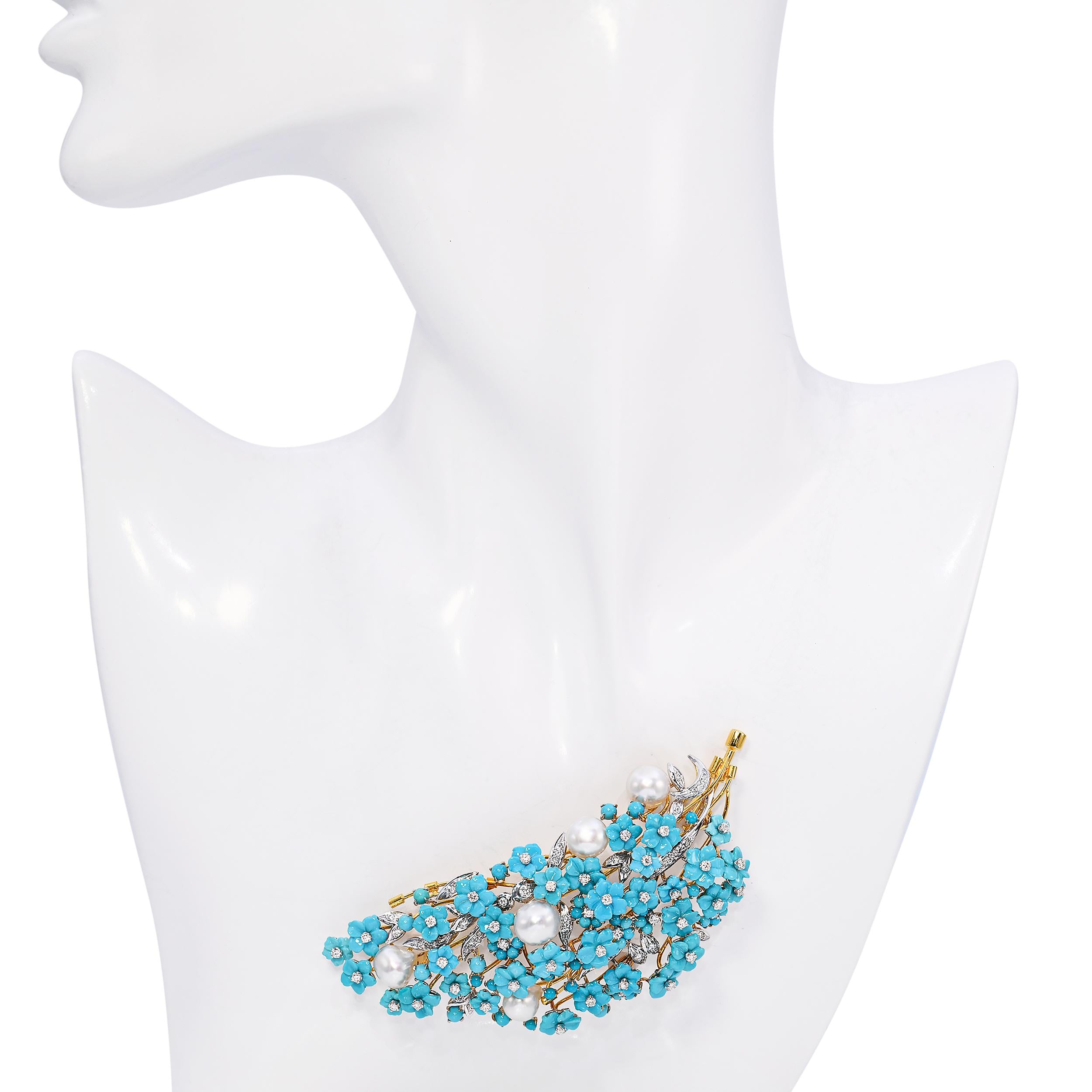 18k Two Tone Gold Diamond Pearl and Turquoise Floral Cluster Brooch
